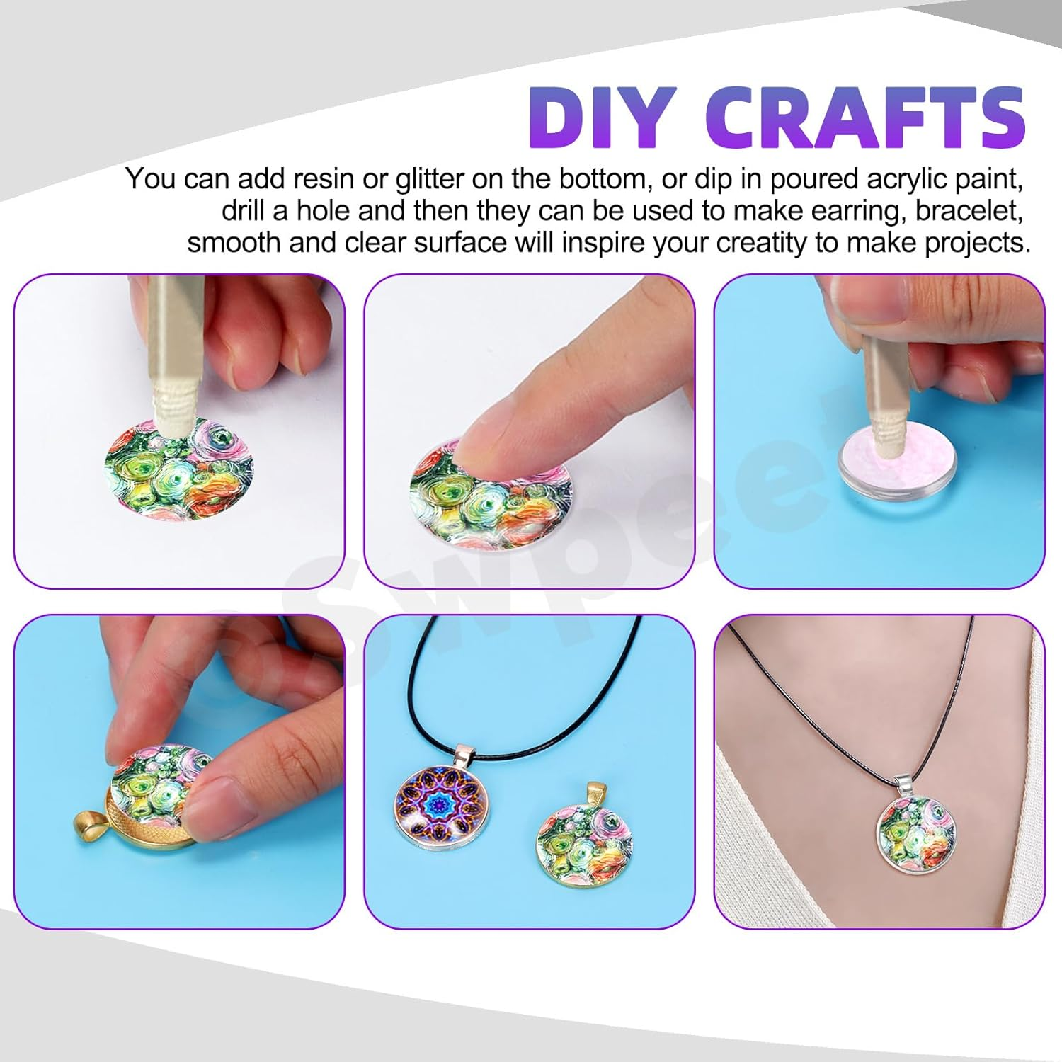 Swpeet 90Pcs 25Mm 6 Styles Round/Square/Rectangle/Heart/Oval/Teardrop Transparent Glass Dome Cabochons Tiles Assortment Kit, Clear Glass Cabochons Tiles for Photo Pendant Necklace Jewelry Making Craft image number 3