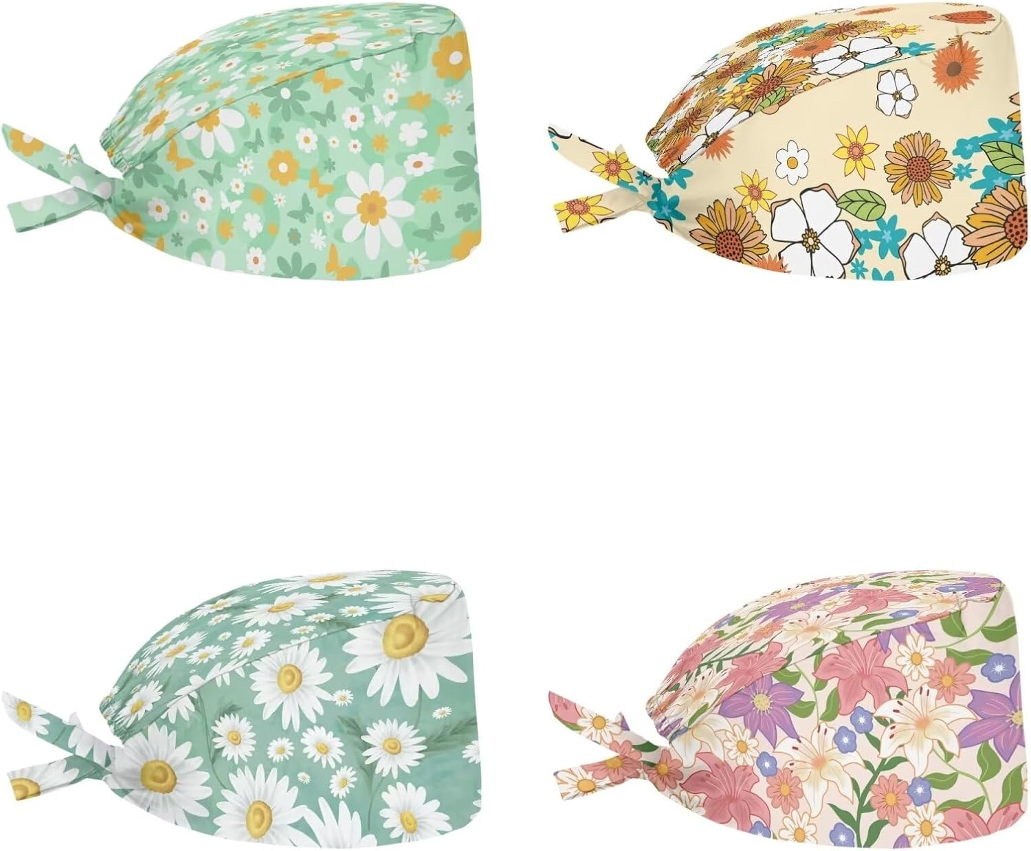 Yuuxorilu Scrub Cap Set 4 Pack,Women Men Working Cap with Adjustable Tie Sweatband