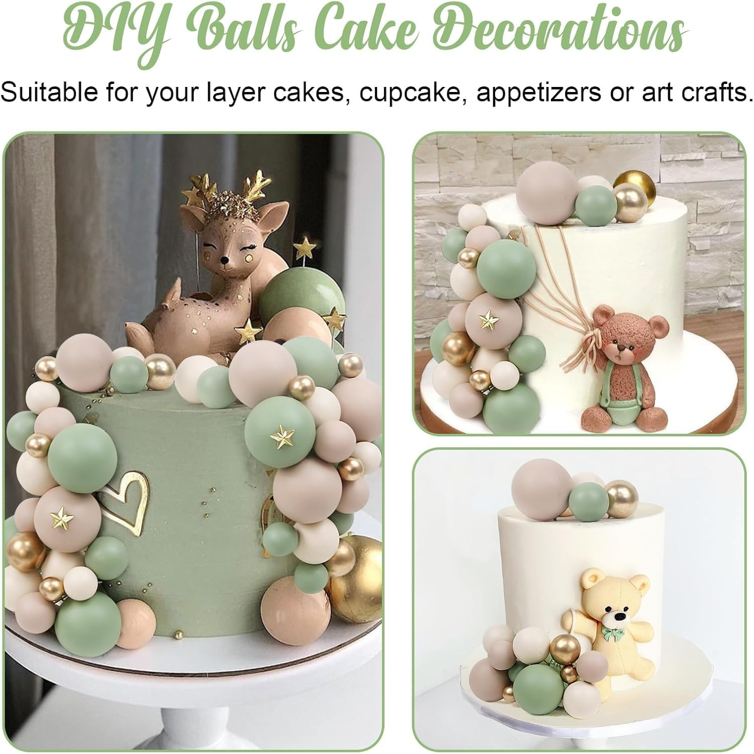 Mini Ball Cake Toppers, Foam Ball Cupcake Insert Toppers, Matcha Green, Light Brown, Khaki, Gold, Ideal for Parties, Baby Shower, Weddings, Non-Edible Cake Decorations, 115 Pieces - Ermaoo image number 2
