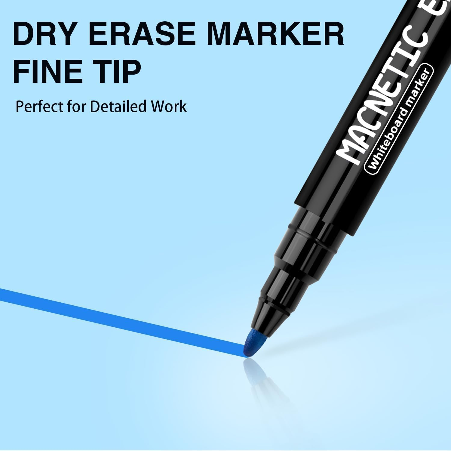 Magnetic Dry Erase Markers Fine Tip - 12 Colors Whiteboard Markers with Eraser Cap, Low Odor Thin Dry Erase Markers for Kids Teachers, Work on White Board & Calendar, Refrigerator, Kids Gift image number 6