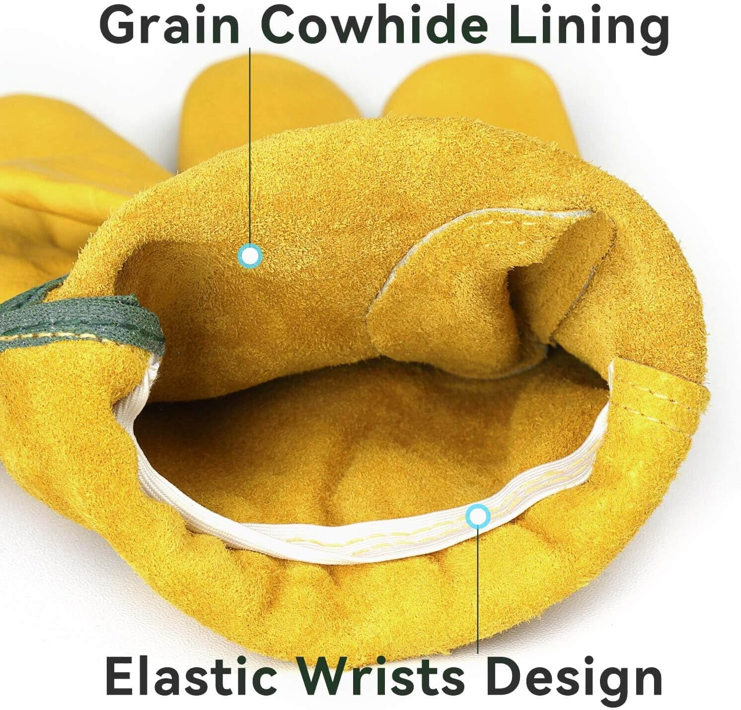 OZERO Leather Work Gloves Flex Grip Tough Cowhide Gardening Gloves for Wood Cutting/Construction/Truck Driving/Garden/Yard Working for Men and Women 1 Pair (Yellow) image number 5