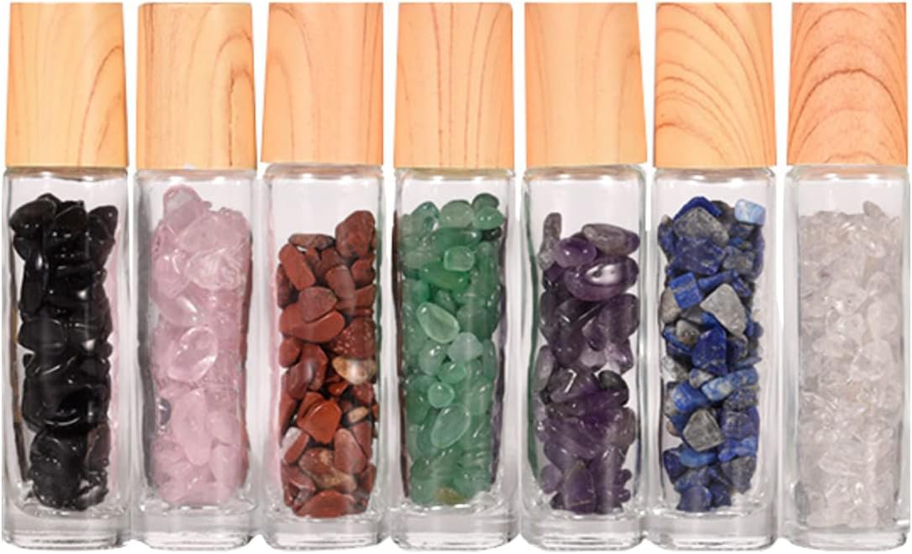 10Pcs Clear Essential Oil Bottles, 10Ml Natural Gemstones Essential Oil Bottles, Roller Ball Perfume Bottle with Crystal Stone Roller Balls and Healing Crystal Chips Inside