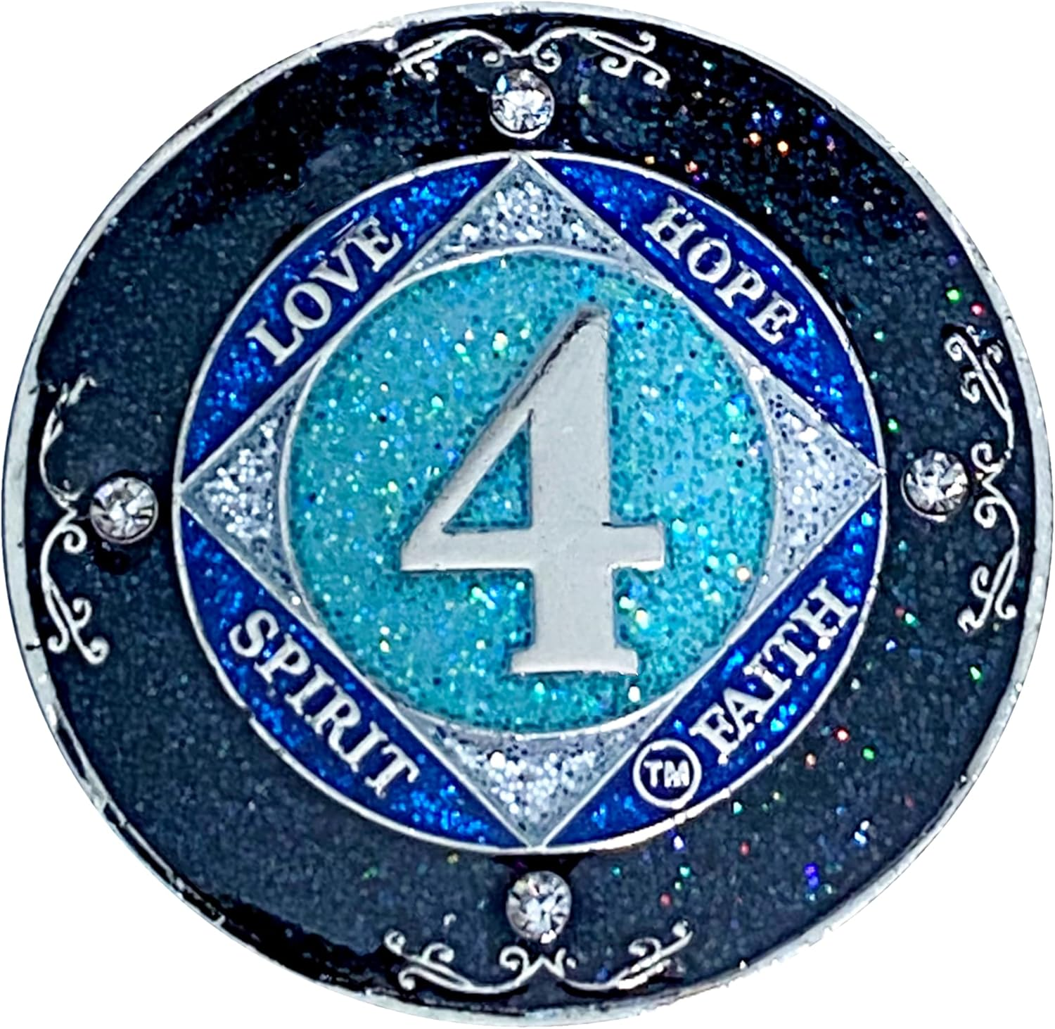 (Years 1-50) NA 40 Year Crystals and Glitter Medallion, Silver Color Plated Coin, Black Rainbow, Blue Glitter and Four Clear Crystals, Epoxy Covered (NA 40 Year Glitter & Crystals Medallion) image number 6