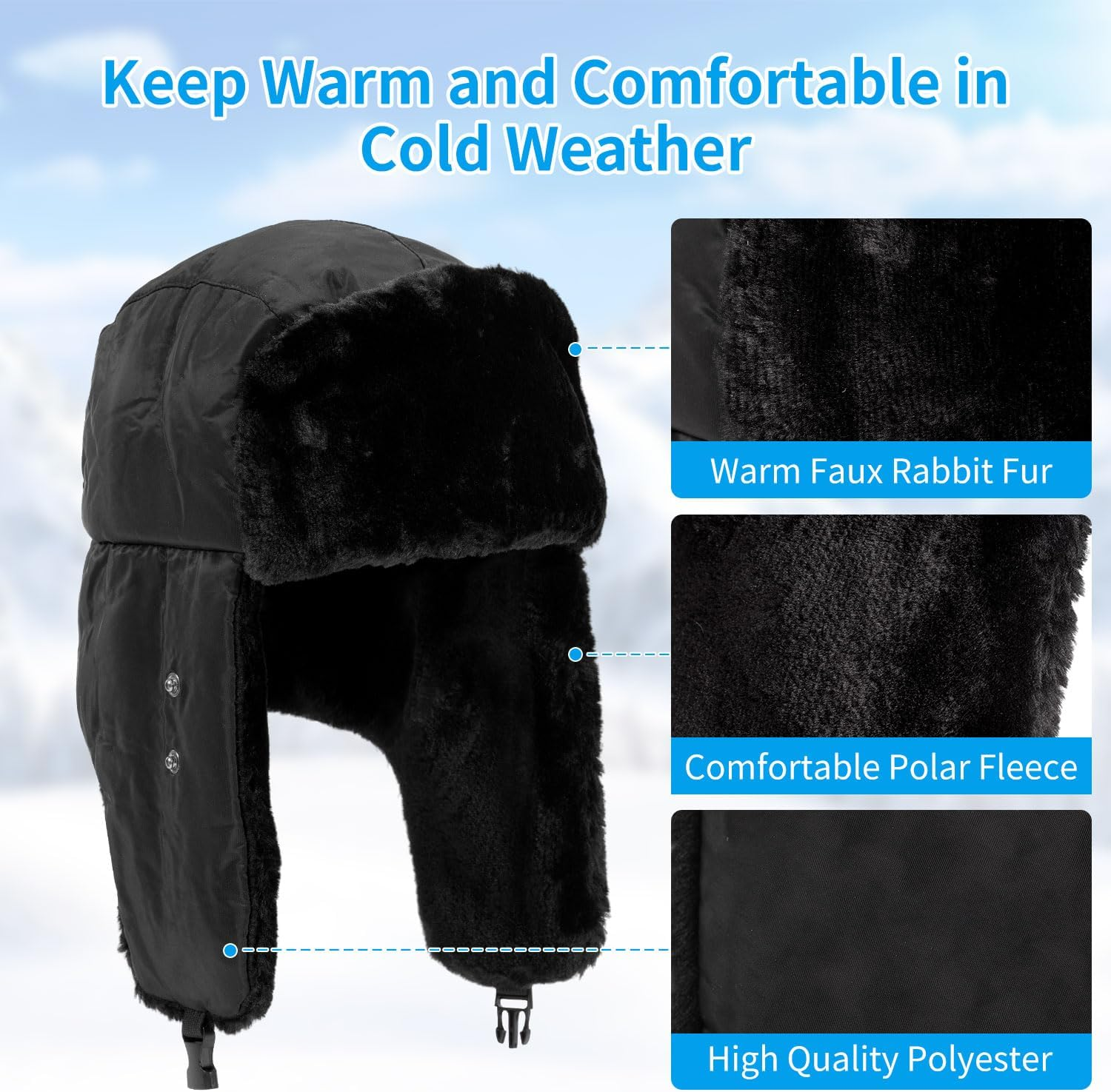 Trapper Hat Unisex Adult, Faux Fur Winter Warmer Windproof Bomber Hat, Russian Hat with Ear Flaps and Mask for Skating, Skiing, Hunting or Daily Use, Winter Hats for Men Women Black image number 5