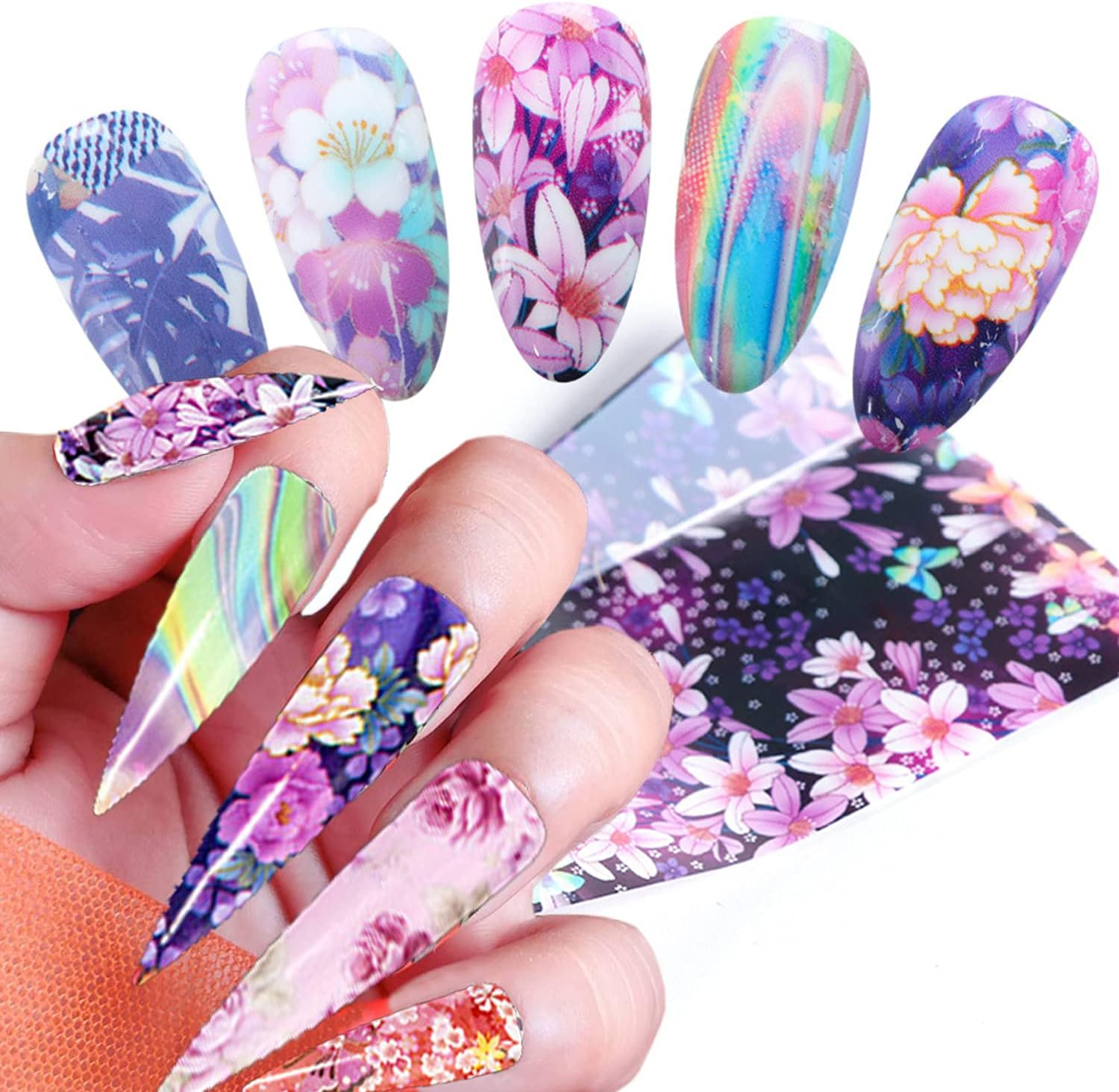 Flowers Nail Art Foil Transfer Stickers Decals, Holographic Pink Floral Nail Art Design, Nail Art Foils for Nail Transfer Glue Polish, Women Fingernails Toenails Acrylic Nails Decoration (10 Rolls) image number 2