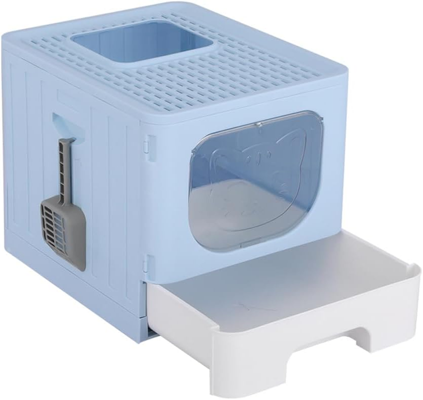 Large Cat Litter Box Enclosed Hooded Foldable Tray Kitty Toilet Scoop Blue image number 6