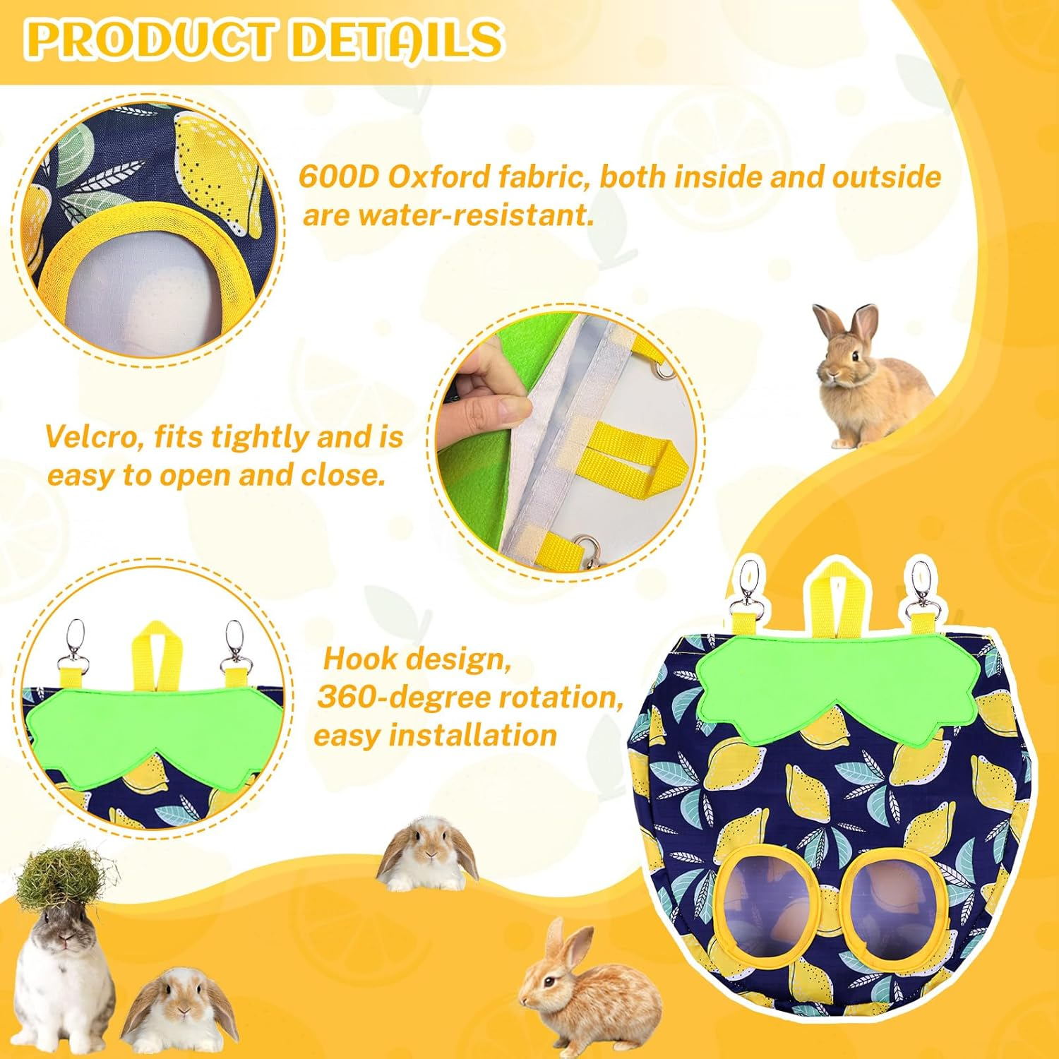 Hay Bag Guinea Pigs, Dellyy Rabbit Food Bag, Hay Bag, Guinea Pigs, Small Animal Feeder, for Rabbit, Chinchilla, Hamster, Small Animals, with 2 Windows (Blue, 2) image number 3