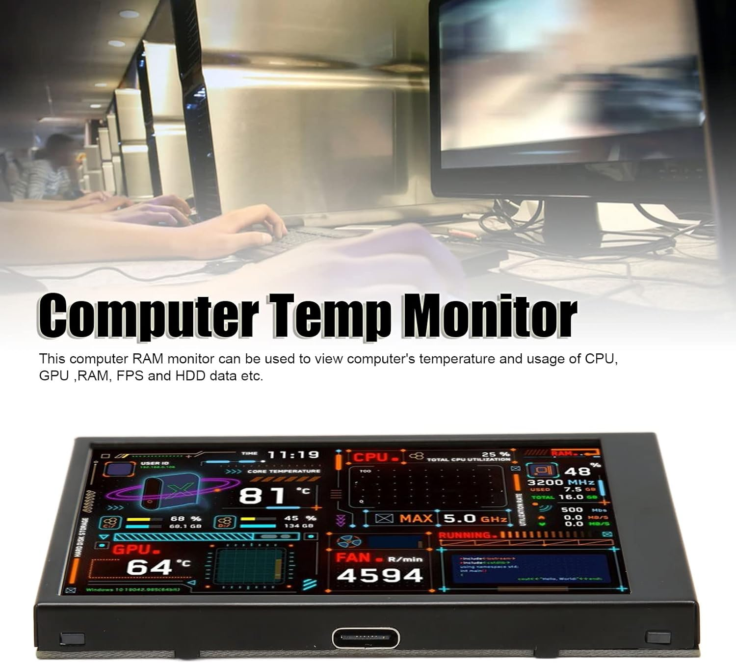 Computer Temperature Monitor, 3.5 Inch Display, Data Display, USB C Interface, Customizable Layout, Brightness Adjustment, Black, for System image number 2