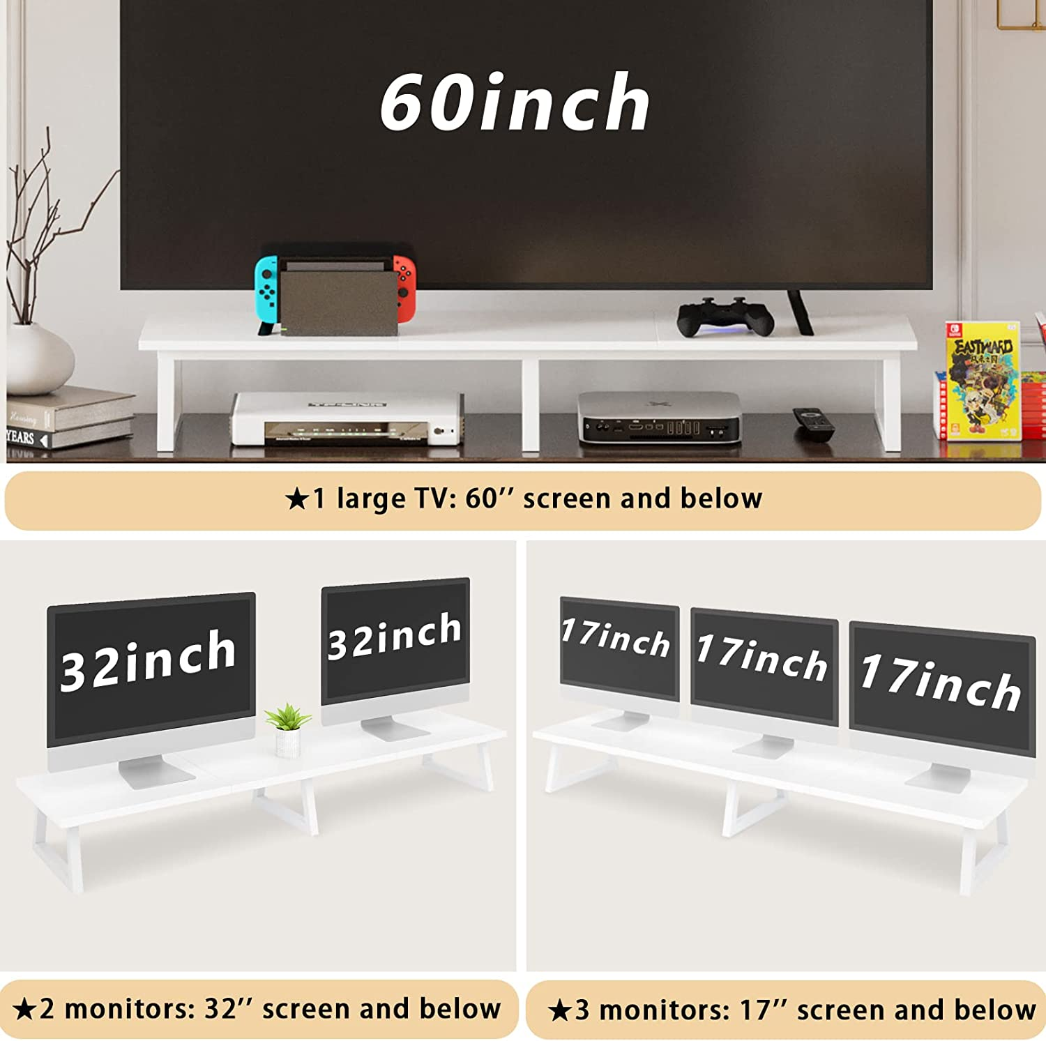 TEAMIX White Dual Monitor Riser for 2 Monitors-42Inch, Wood Desktop Dual Stand with Metal Legs, Long Screen/Pc/Laptop Storage,Computer Shelf TV Holder Home Office (White)