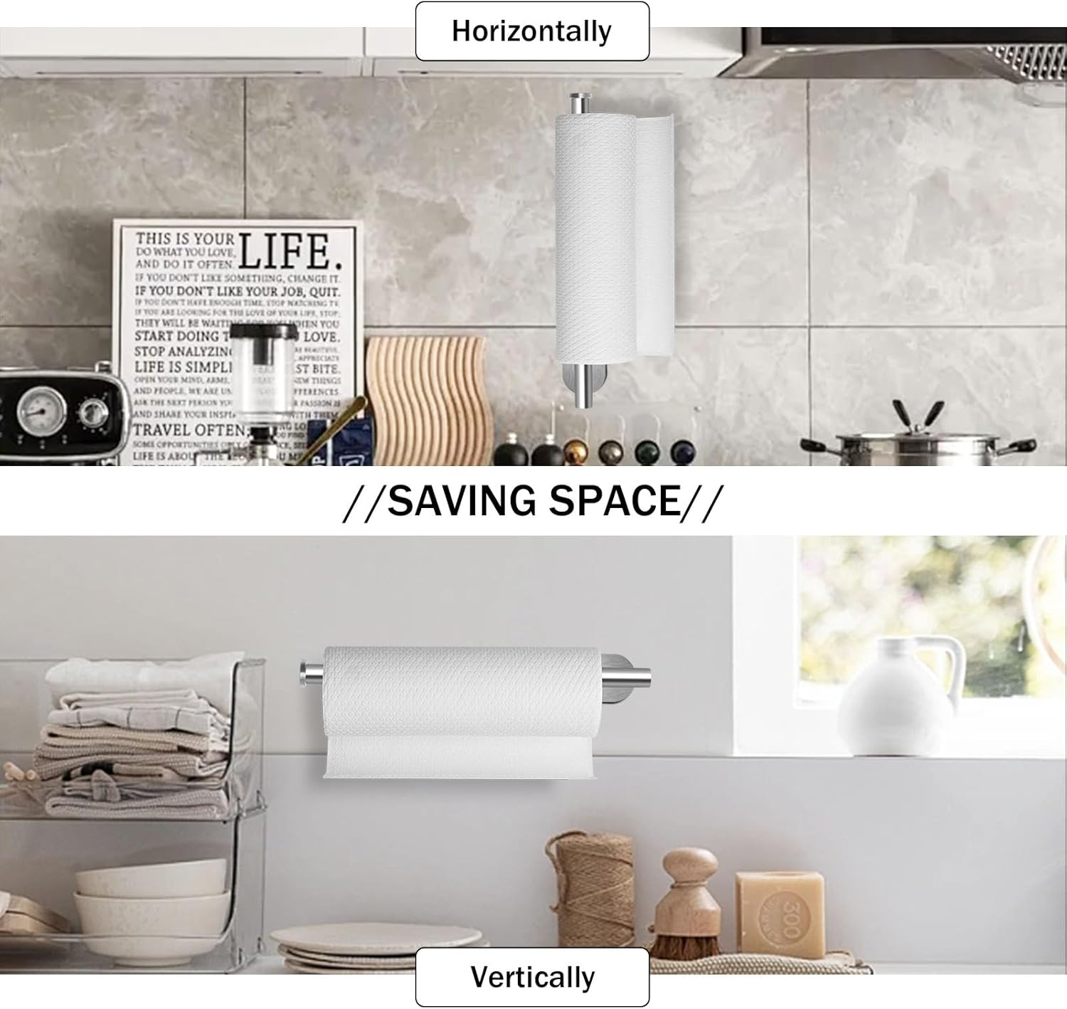 Paper Towel Holders for Kitchen,Paper Towels Bulk- Self-Adhesive under Cabinet,Both Available in Adhesive and Screws,Stainless Steel Paper Towel Roll Rack (1, New Silver-A) - Mental Black image number 2