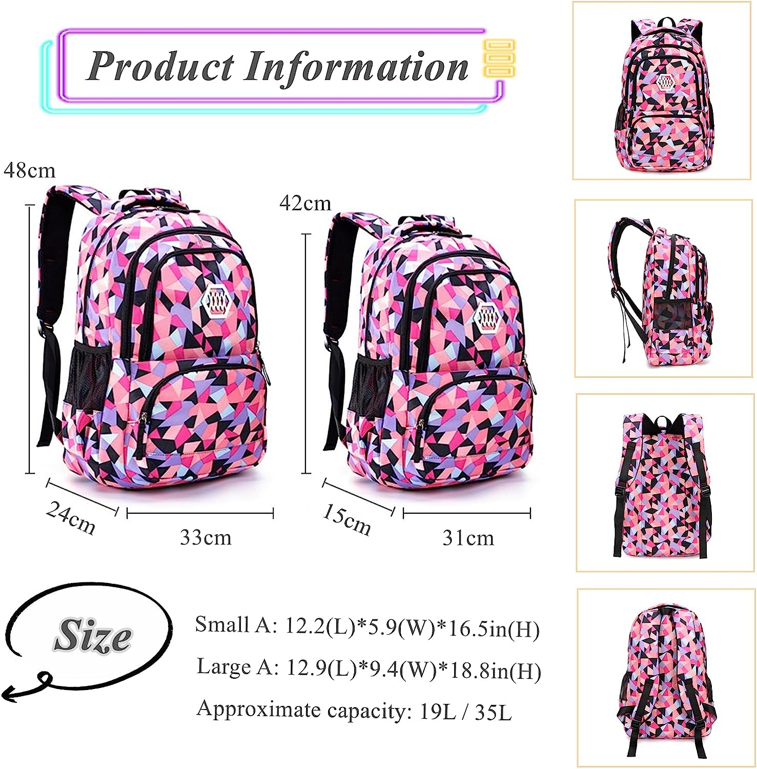 Geometric Print Girls Boys Backpacks for Kids Primary School Bags image number 5