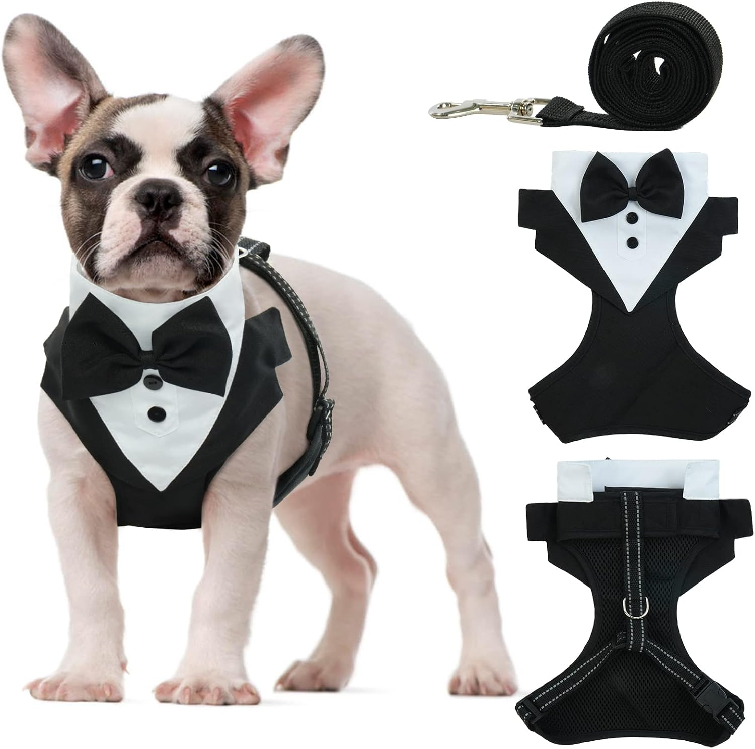Dog Tuxedo Harness, No Pull Dog Tuxedo Vest Harness with Leash, Adjustable Doggie Wedding Suit Costume with Bow Tie for Small Medium Dogs, Birthday, Walking (Balck L)