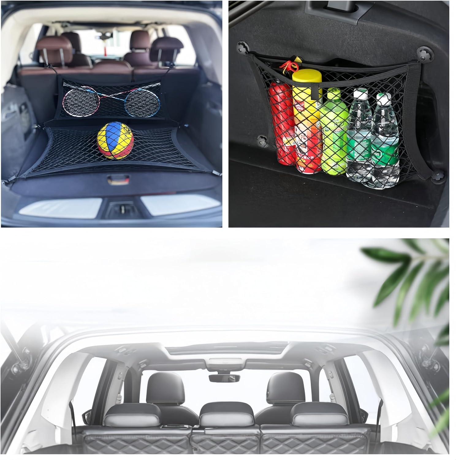 Ai-Oumleef Pack of 2 Car Luggage Net,Double Layer Elastic Storage Net,Stretchable Small Cargo Net,For Trunk Boats Home Storage Stretchable Mesh Pocket Net with 8 Mounting Screws and Hooks(25 X 45 Cm) image number 3