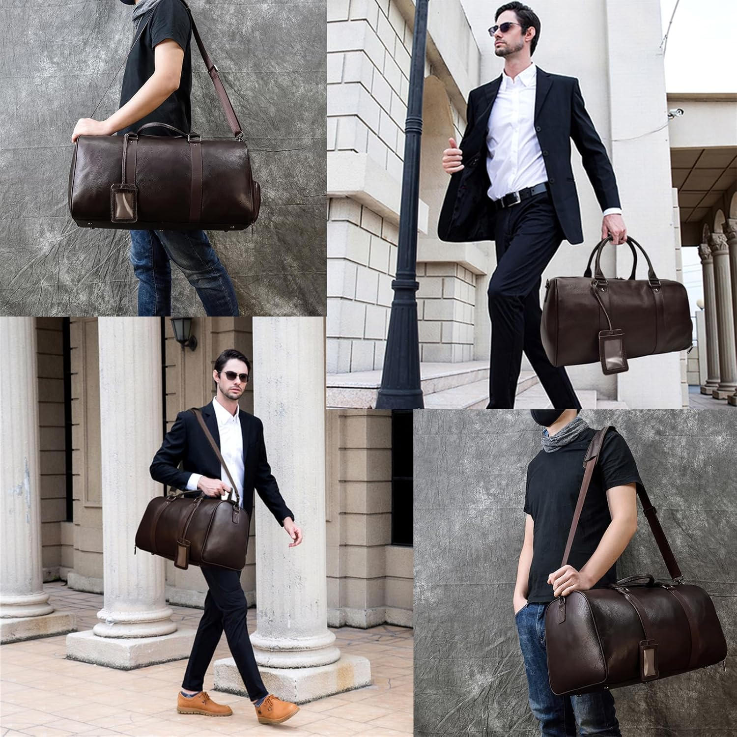 LUUFAN Leather Travel Bag Large Capacity Luggage Duffel Bag with Shoe Compartment, Men Women Weekend Shoulder Bag for Holiday Business Trip, 55Cm-Brown, Retro - 55Cm-Brown image number 5