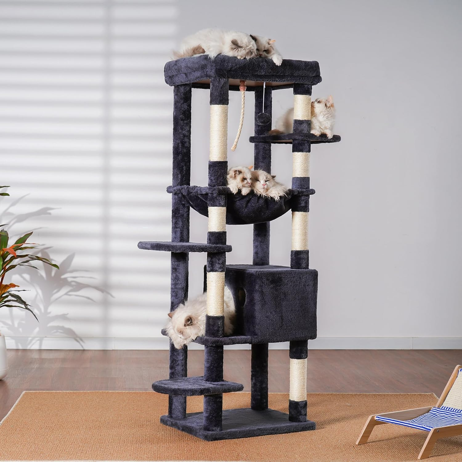 Heybly Cat Tree for Large Cats 20 Lbs Heavy Duty,60 Inches XXL Cat Tower for Indoor Cats,Multi-Level Cat Furniture Condo for Cats with Big Padded Plush Perch,Cozy Basket HCT050G image number 4