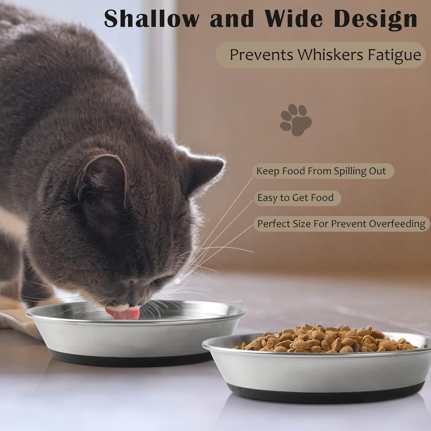 WROSWT Stainless Steel Cat Bowls,Whisker Friendly Shallow Cat Dishes for Food and Water,Non-Slip Silicone Bottom,Heavy Duty,Replacement Kitten Metal Plate for Elevated Stands,2 Pack image number 2