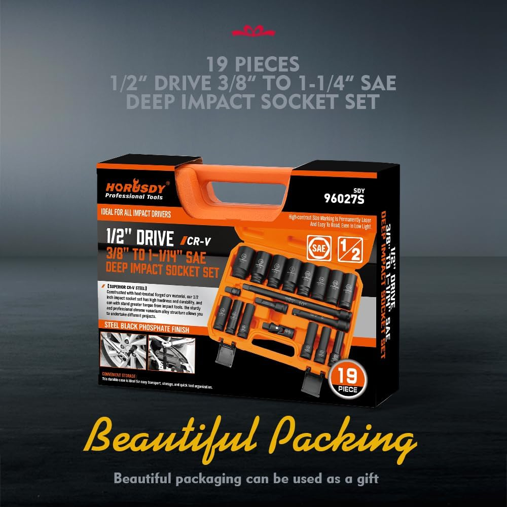 HORUSDY 19-Piece 1/2-Inch Drive Impact Socket Set, Imperial 3/8-1-1/4 Inch 6-Point Deep Sockets Set SAE Heavy Duty with Storage Case image number 6