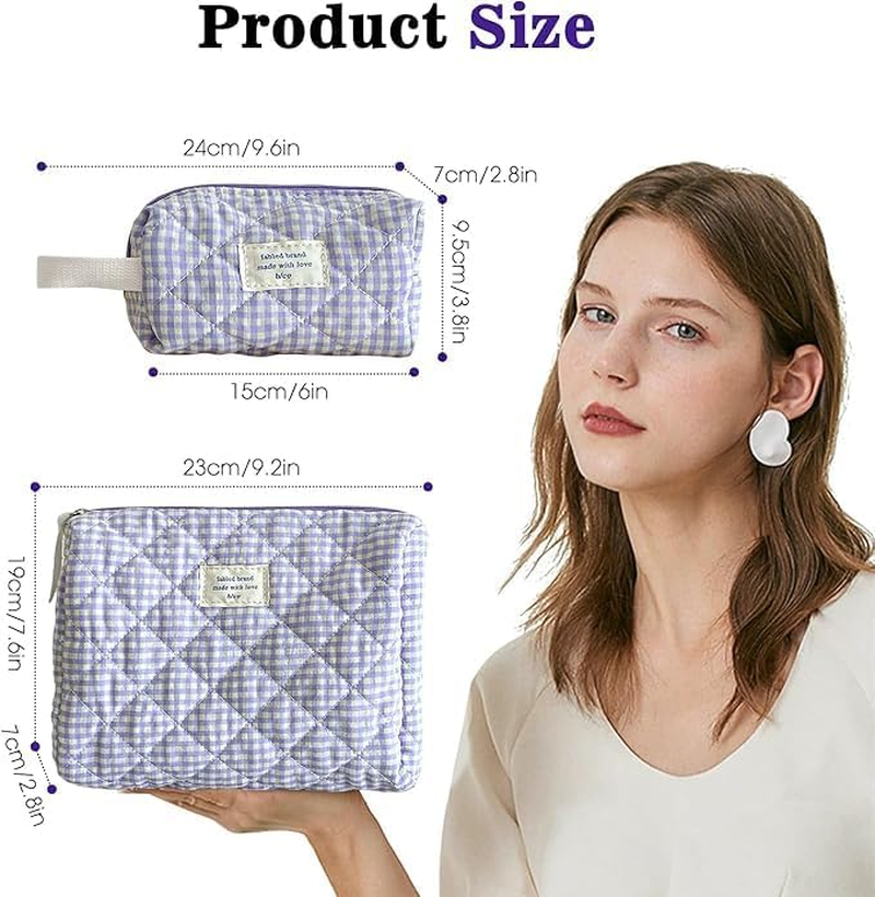 Ksngtixe 2 Pcs Quilted Cotton Makeup Bags Set - Cute Checkered Design Cosmetic Organizer for Brushes & Toiletries, Travel-Friendly Beauty Storage (24Cm+16Cm)