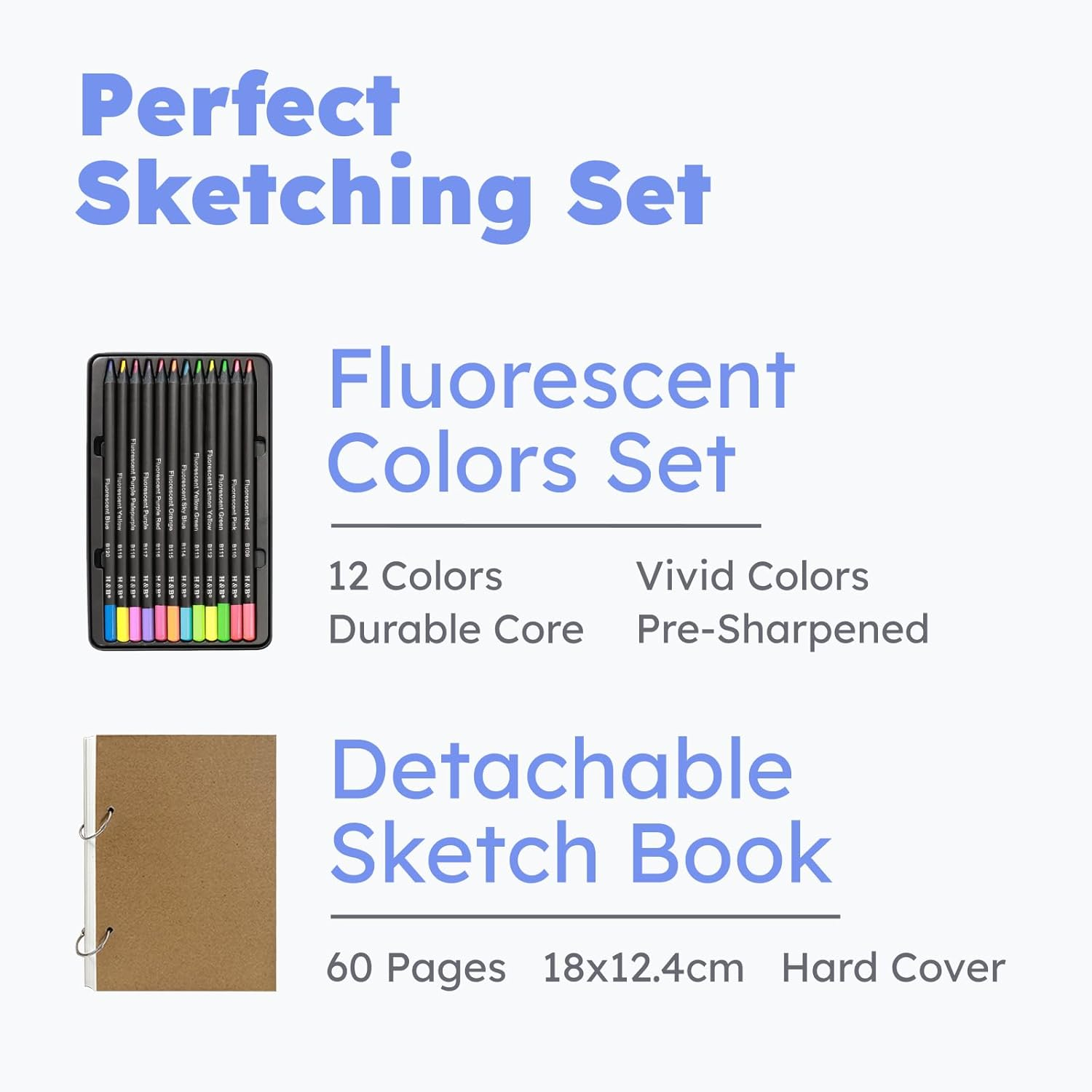72Pcs Sketching Pencils Set - Drawing Sketch Kit Includes 12 Colored Pencil & 60 Sheets Sketchbook, Gifts for Adults Teens Girls Boys Kids Art Beginners, Fluorescent Colored Set image number 1