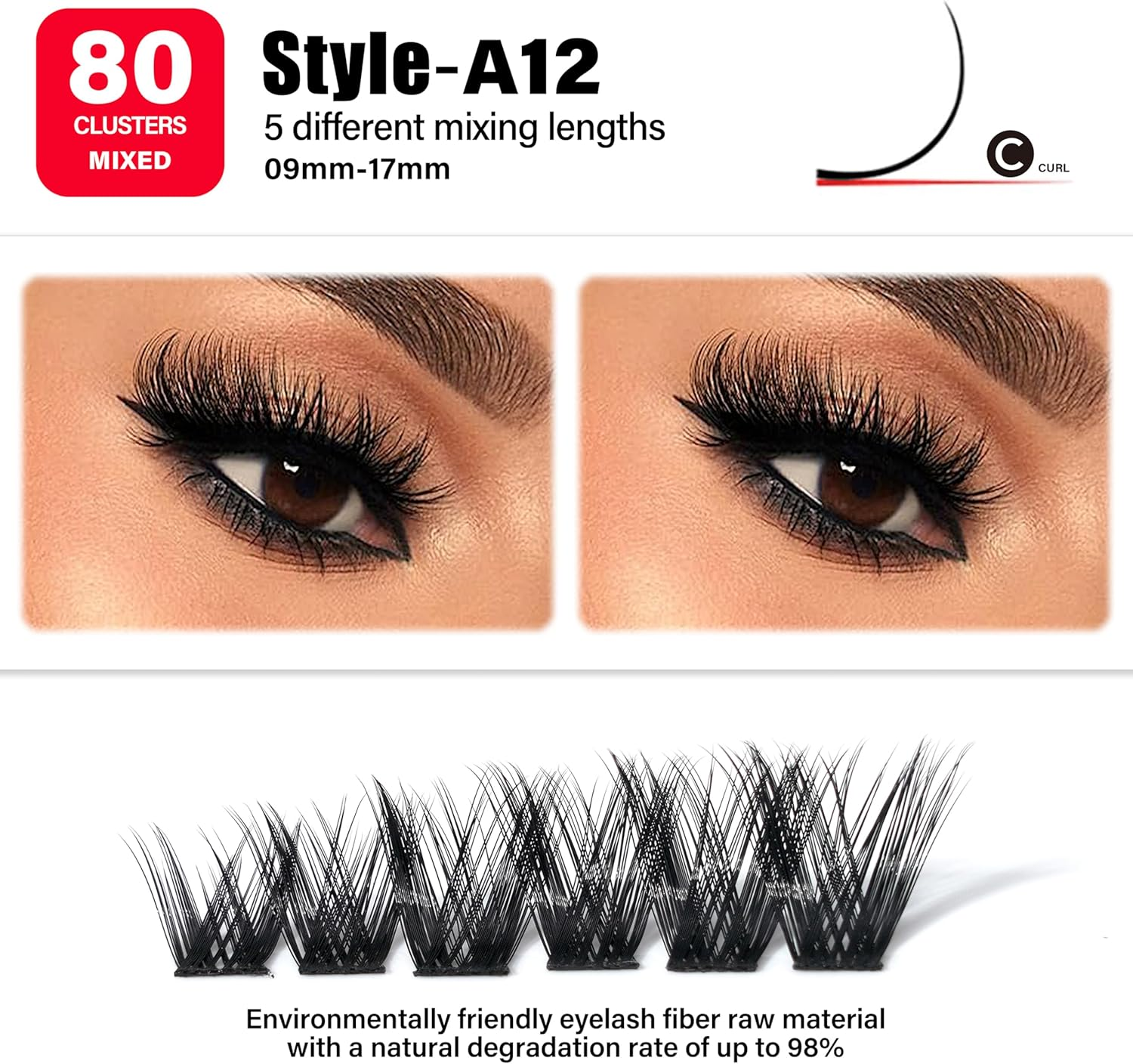 Volume Thick Individual Eyelash Extension Flexible Band Lash Clusters C Curl Faux Mink Clusters Lashes 9-17Mm Mixed Length Reusable DIY False Eyelashes (Black A12-C)