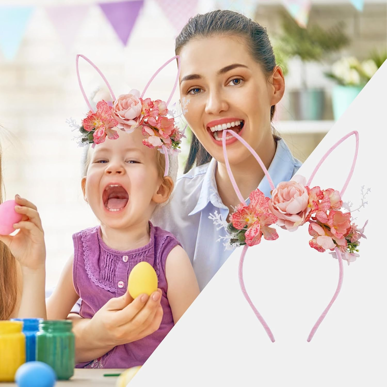 Bunny Ears Headbands - Costumes Hairband with Flowers,Easter Headbands for Girls - for Costume Kids Christmas Halloween Party Valentine'S Day Women image number 1
