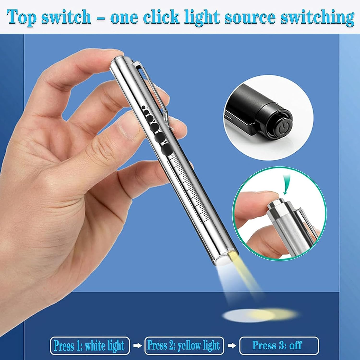 YUENTOEN Pen Light, LED Pupil Gauge Penlight with 2 Light LED Sources, USB Rechargeable Mini Penlight for Gifts Home Camping Outdoor(Silver) image number 4