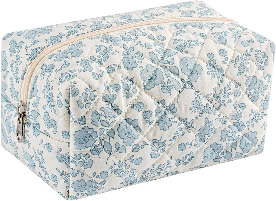 Cute Small Makeup Bag,Quilted Floral Cotton Cosmetic Pencil Pouch, Quilted Flowers Pencil Case with Zipper, Kawaii Travel Toiletry Bags for Purse, 12White Bear - 02Blue Flower image number 3