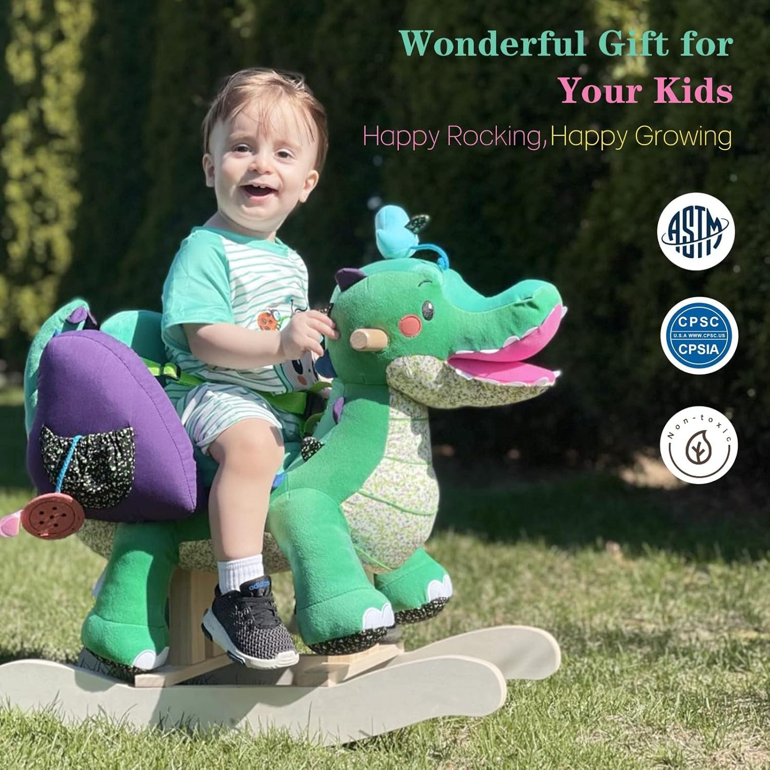 Labebe Child Rocking Horse Toy, Stuffed Animal Rocker, Green Crocodile Plush Rocker Toy for Kid 1-3 Years, Wooden Rocking Horse Chair/Child Rocking Toy/Outdoor Rocking Horse/Rocker/Animal Ride On image number 5