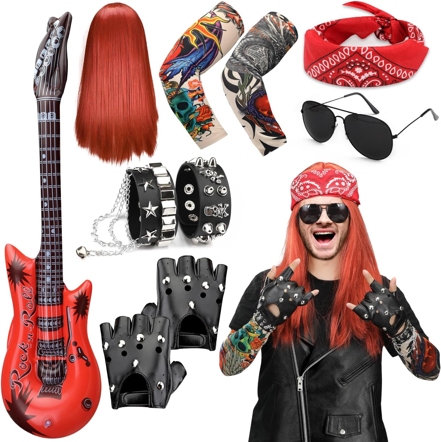 AUTOWT 1970S Rockstar Hippie Costume Accessories - 60S 70S 80S Metal Rock Band Punk Costume Set with Wig, Bandana, Sunglasses,Tattoo Sleeves, Gloves, Wrist Chains, Guitar, Men Women Woodstock Outfits image number 1