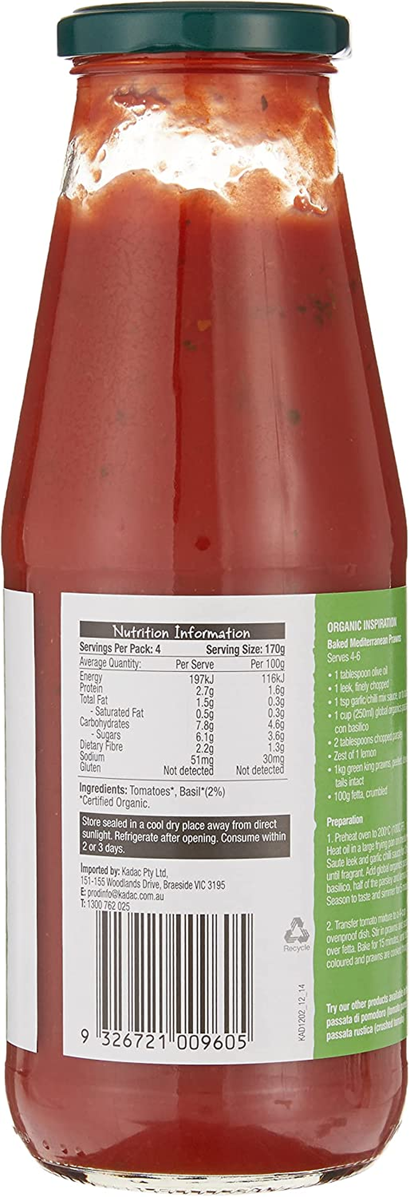 Global Organics Tomato Puree with Basil (Passata Con Basilico) Glass 680 G