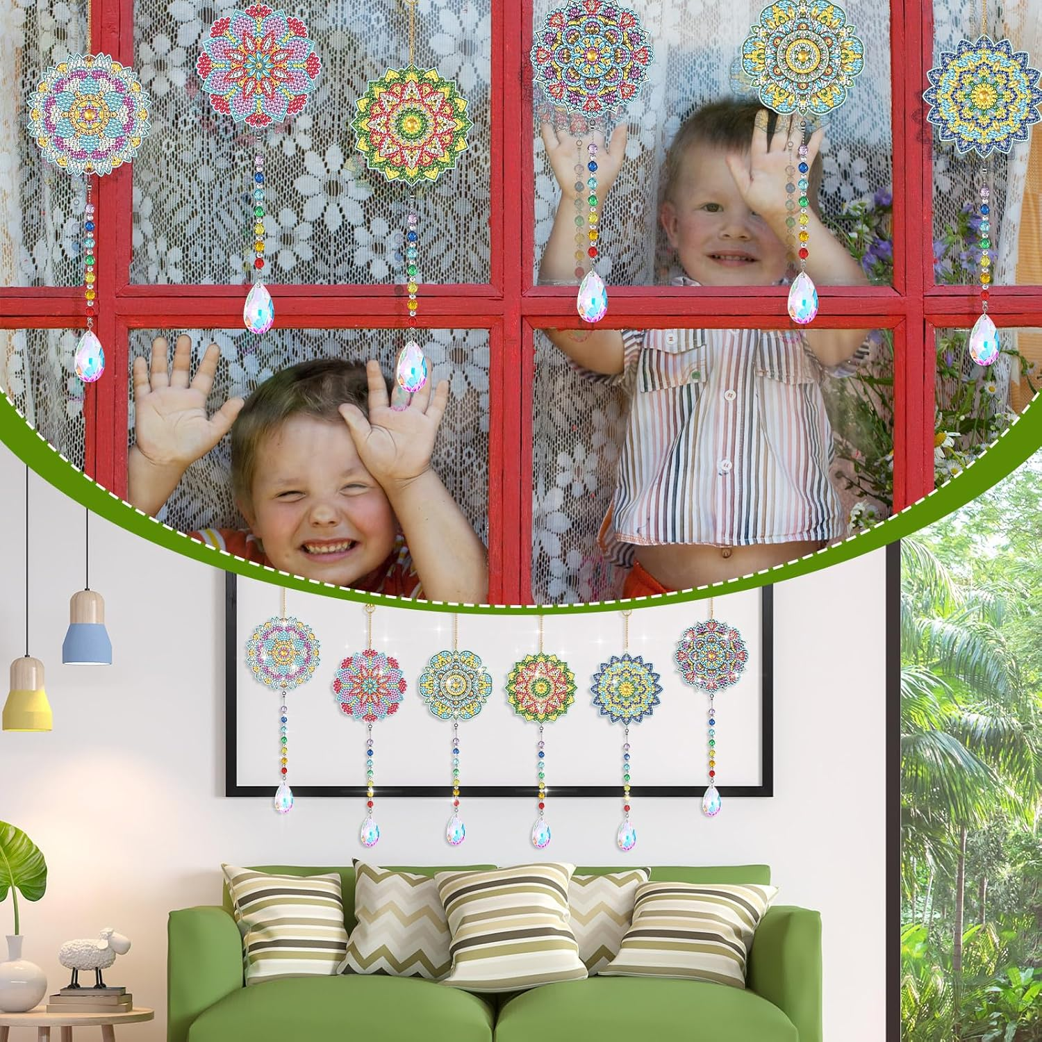 Yeaqee 6 Pcs Diamond Painting Sun Catchers Mandala Flower Diamond Art Wind Chimes Double Sided Hanging Ornament Painting Art Accessories and Tools for Garden Decoration Adults Kids DIY image number 2