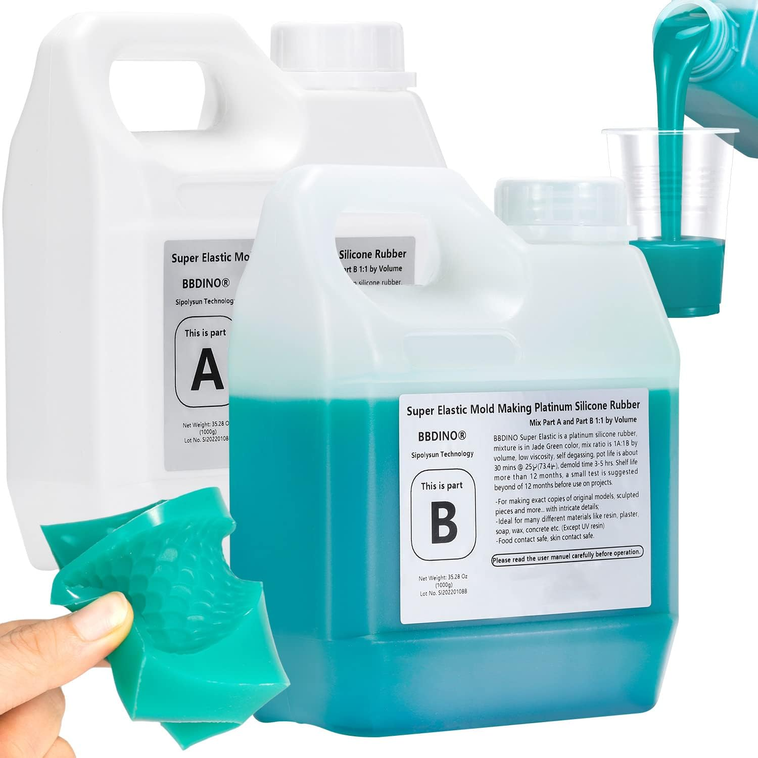 BBDINO Super Elastic Silicone Mold Making Kit, Mold Making Silicone Rubber N.W. 21.16 Oz, Liquid Silicone for Mold Making, Ideal for Casting 3D Silicone Molds| Food Molds 1:1 by Volume, Jade Green