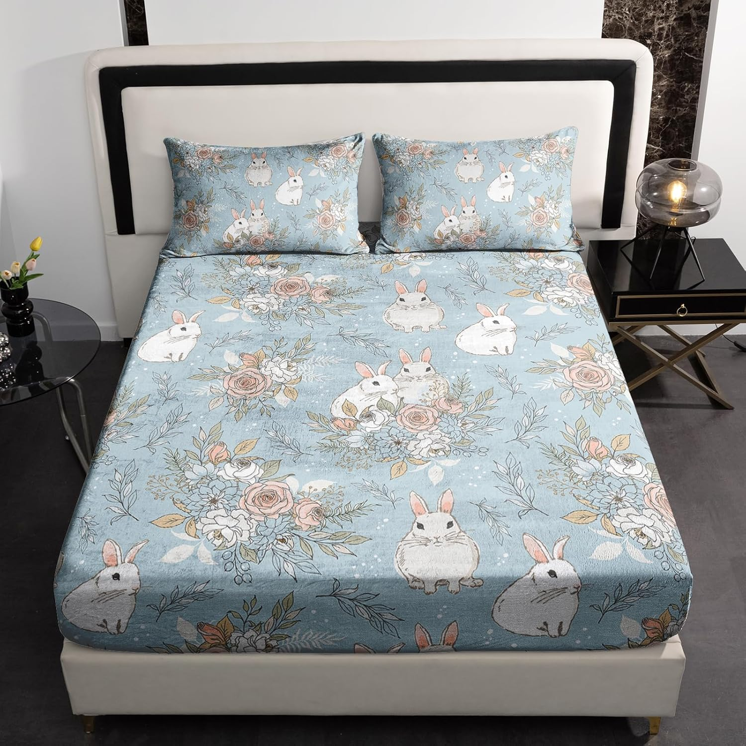 QOOMO Rabbit Flowers Fleece Bed Sheet Set,Queen 3-Piece Polar Fleece Sheet Set Includes,2 Pillowcases and 15" Deep Pocket Fitted Sheet,Velvet Plush Bedding Set,Warm and Soft image number 1