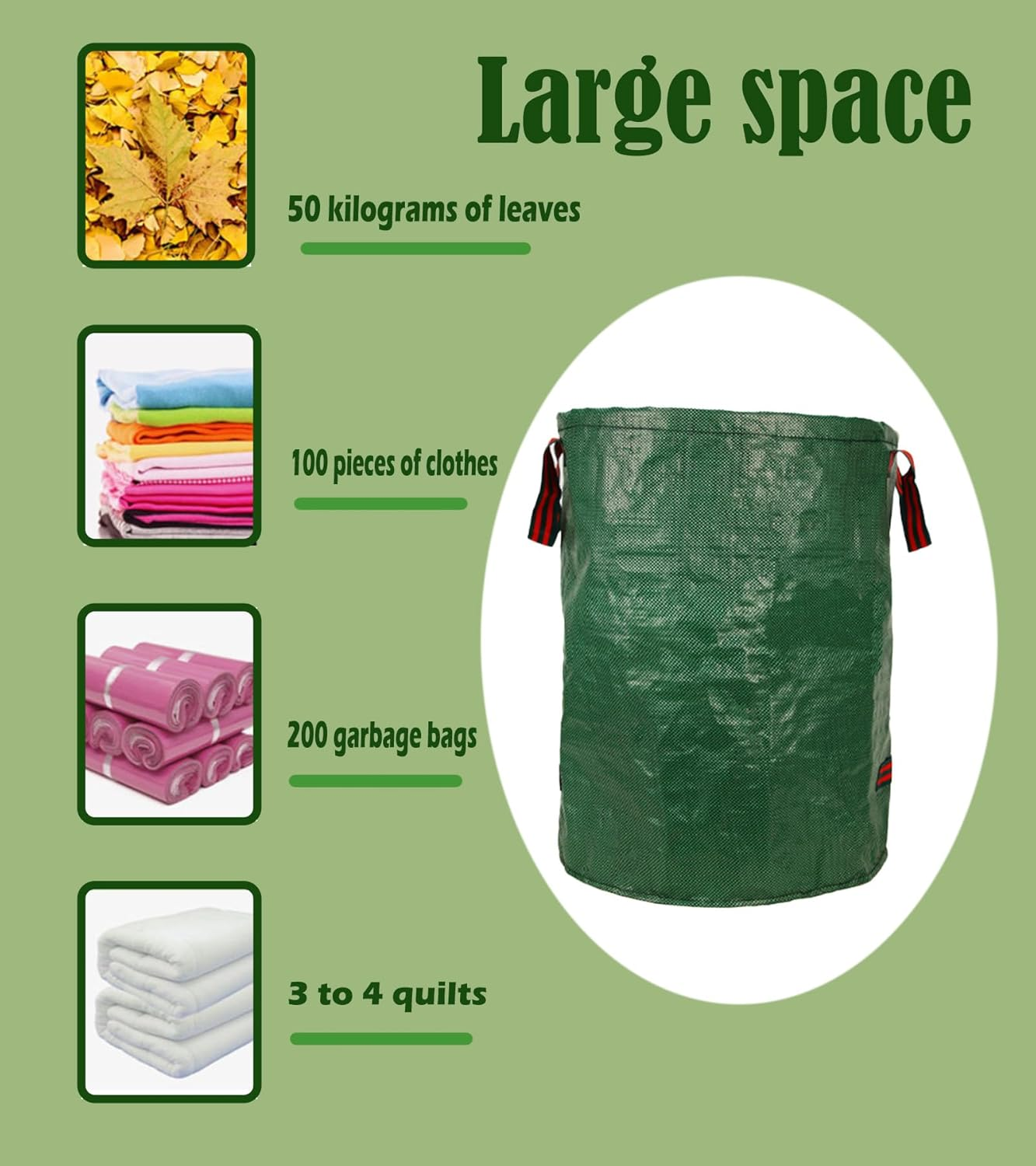 Garden Waste Bags Set of 3, Heavy Duty Reusable Green Leaf Collection Bags with Handles, Includes Work Gloves image number 2