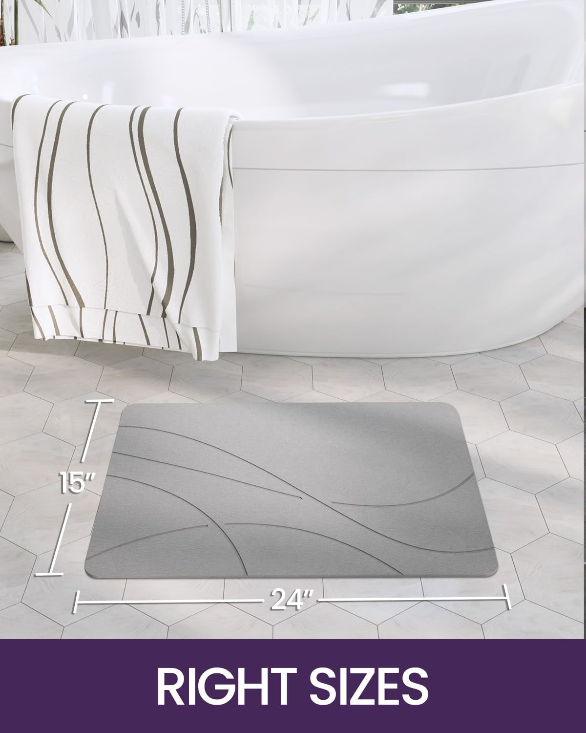 DEXI Bath Mat Stone Diatomite Earth, Super Absorbent Diatomaceous Bathroom Mats, Quick Dry Easy Clean Shower Rug, 15"X24", Grey image number 2