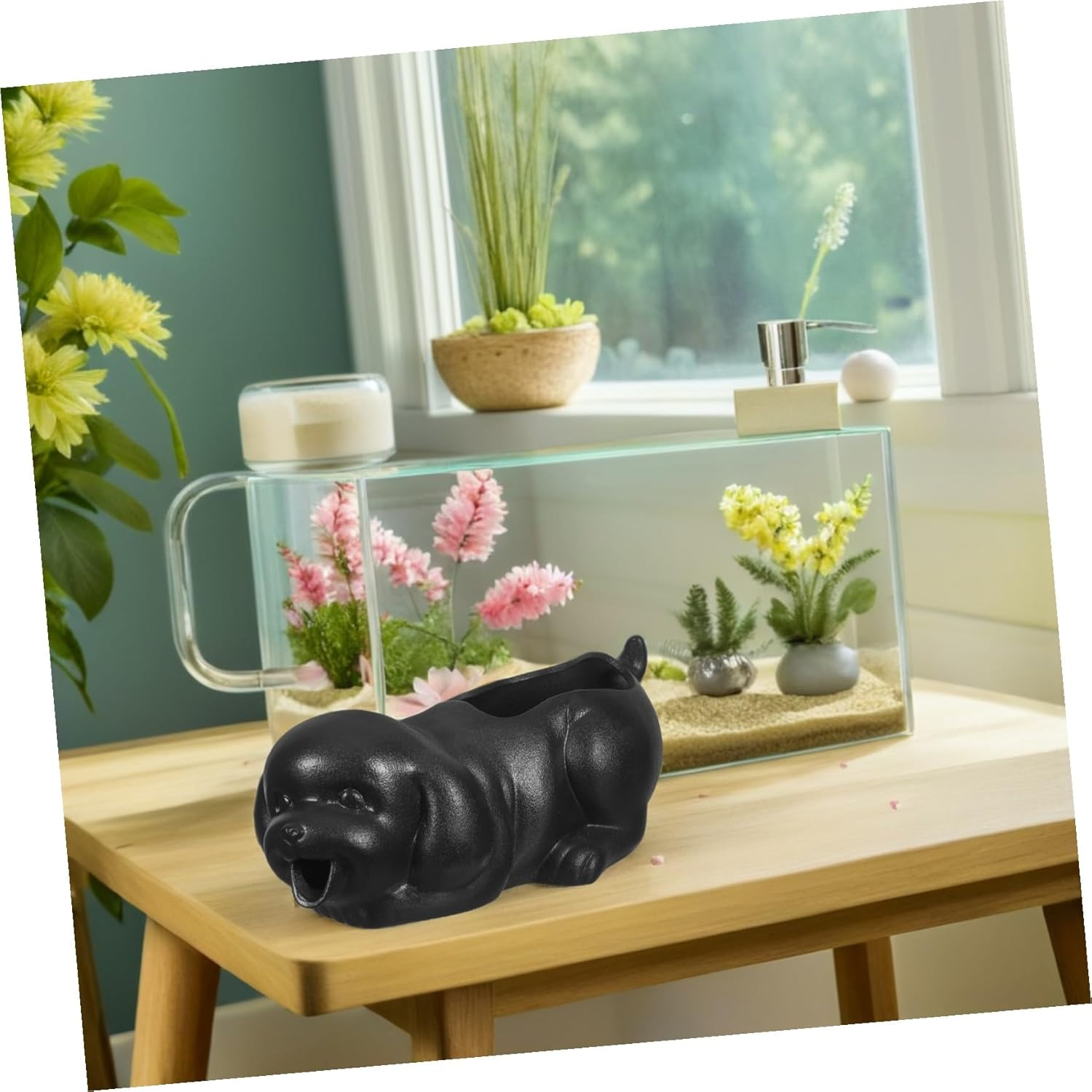 Ceramic Puppy Fountain Spitter Garden Waterfall Jar for Outdoor Patio Decor with Planter for Fish Tank Micro Landscape - Khaki image number 6