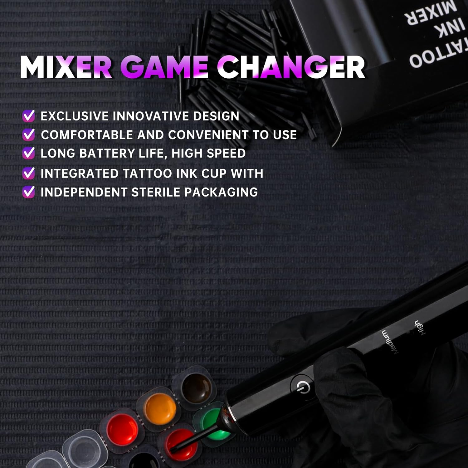 Tattoo Ink Mixer Gun Machine, Mixers Game Changer, 3 Adjustable Speeds Wireless Mixer, without Continuous Pressing, New Rotary Tattoo Pigment Mix-Er Set with 100Pcs Mixing Sticks image number 5