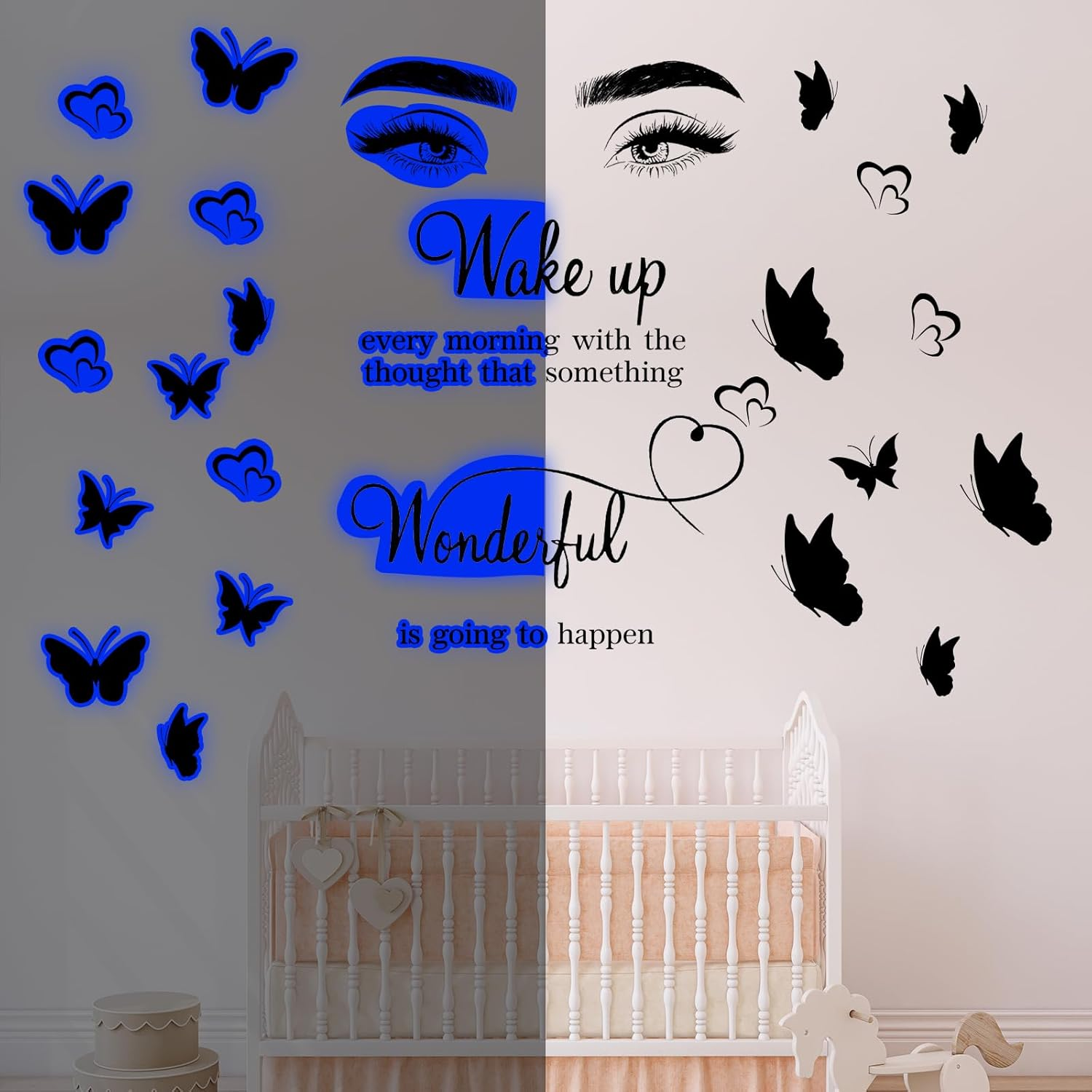 WRENYZK Wall Stickers, Inspirational Quotes Wall Art Stickers, Wall Decorations for Bedrooms Aesthetic, Butterfly Wall Sticker for Hallway Stairs, Motivational Stickers for Adults, Teens (Blue Glow) image number 3