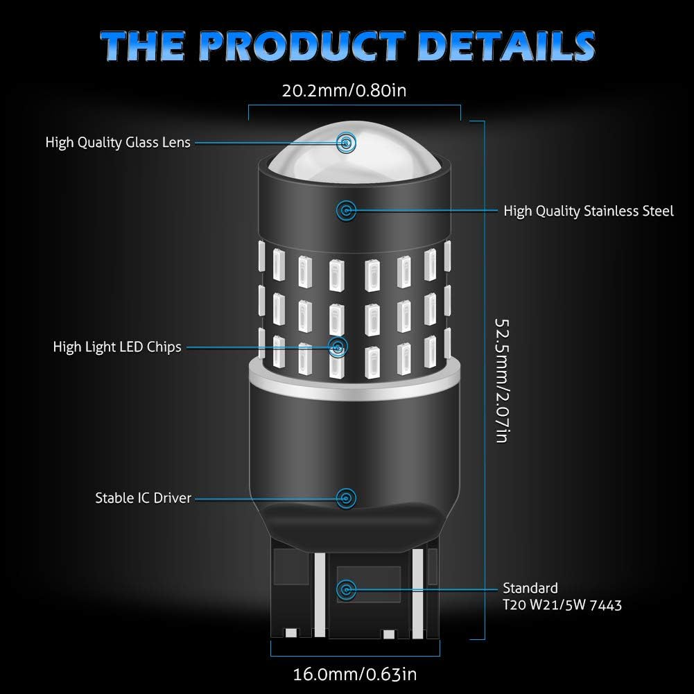 KATUR 7440 7443 7444NA 7441 992 Led Light Bulb High Power 3014 54 Chipsets Super Bright 650 Lumens Replace for Turn Signal Back up Reverse Brake Tail Stop Parking RV Lights,Brilliant Red(Pack of 2) image number 5
