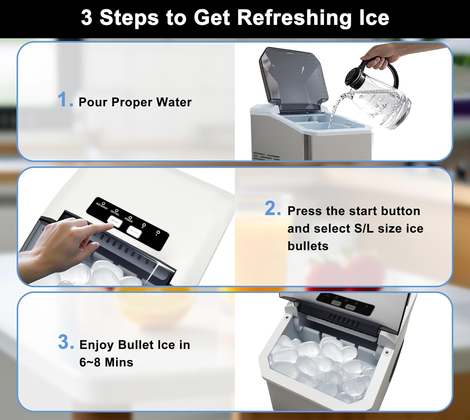 Itoma Countertop Ice Maker Machine, 2 Sizes of Bullet Ice, 1.3L Auto-Cleaning Ice Maker with Basket and Scoop, for Home/Kitchen/Office/Bar Party Ice Cube Machine image number 3