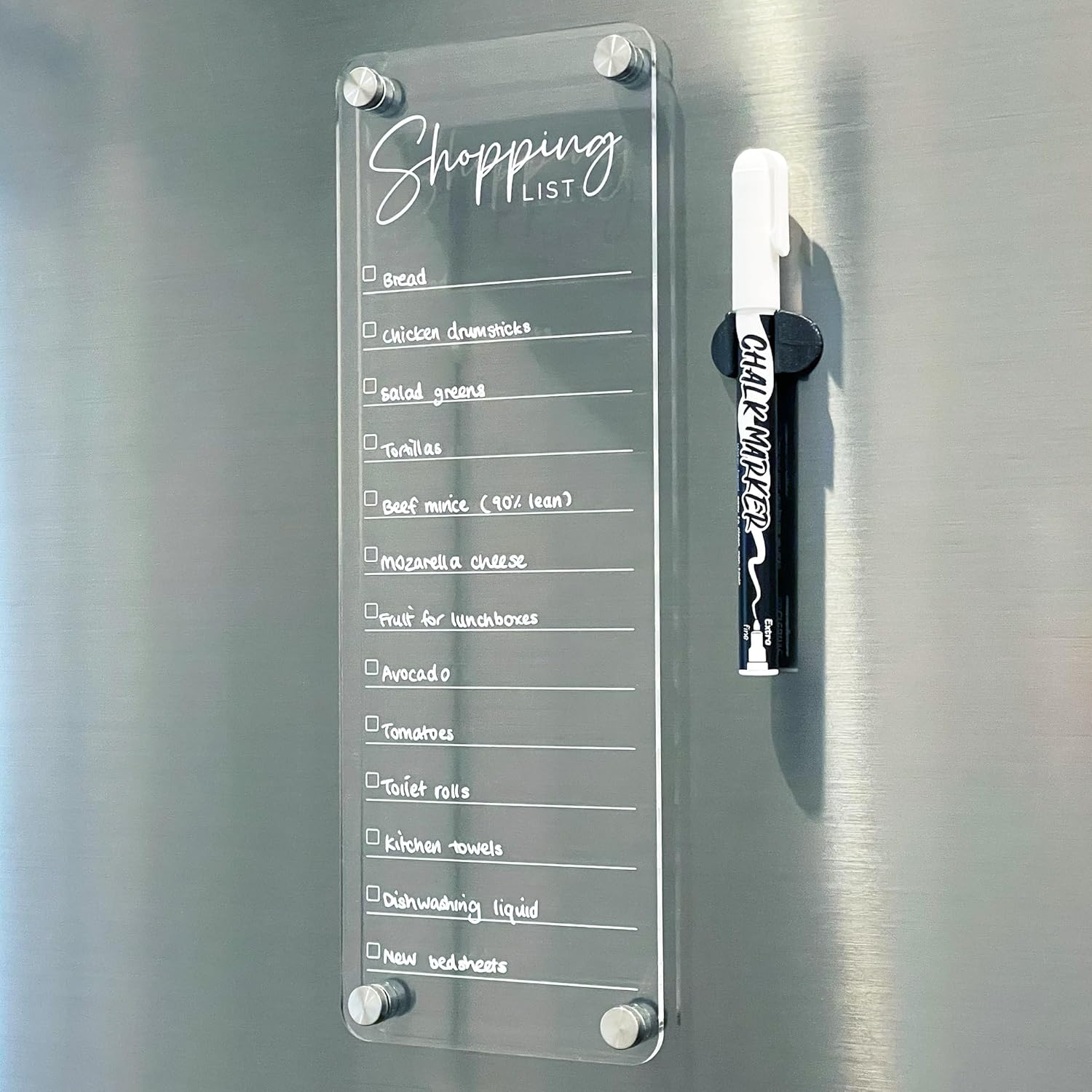 Magnetic Acrylic Shopping List Whiteboard 30Cm X 10.5Cm - Clear Dry Erase Checklist Board for Fridge - Includes White Chalk Pen & Magnetic Pen Holder image number 6