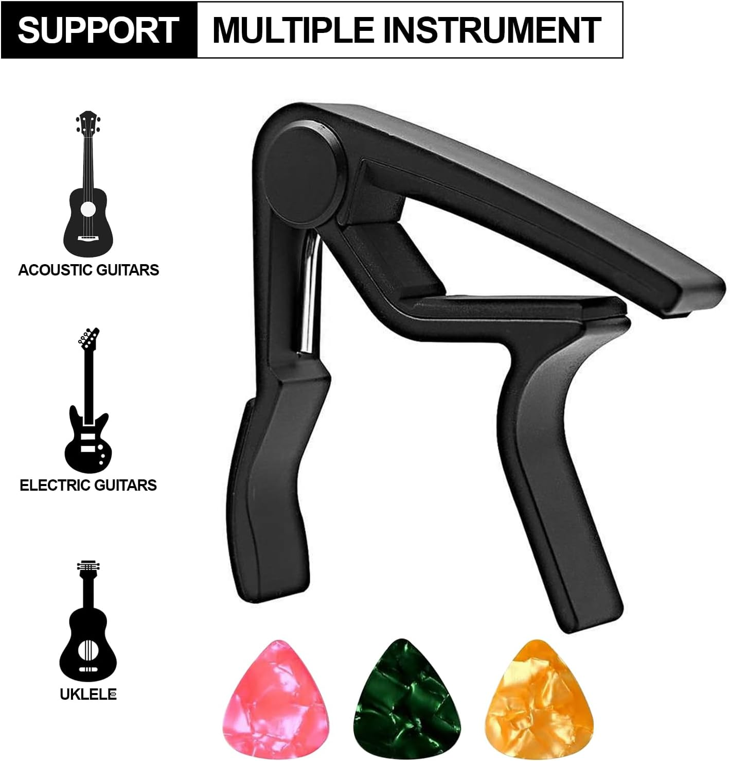 T Tersely Aluminum Alloy Guitar Capo Trigger with 3Pcs Guitar Picks Single Hand Use Quick Change Black Capos for Classical Acoustic Electric Guitars Ukulele image number 6