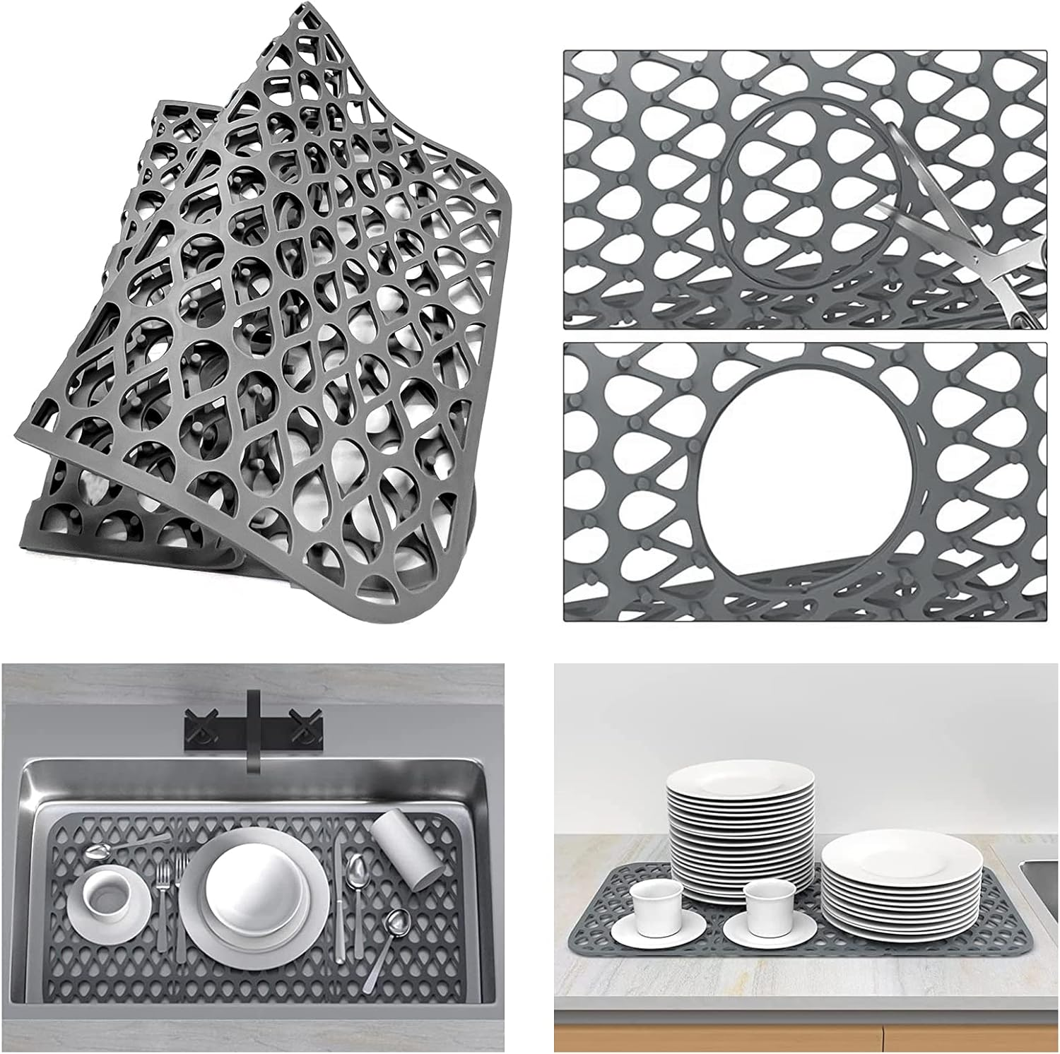 Foldable Non-Slip Sink Mat, Silicone Sink Protectors for Kitchen Sink, Sink Mat Grid for Bottom of Farmhouse Stainless Steel Porcelain Sink for Center Drain (26''X 13.8'')-Grey image number 5