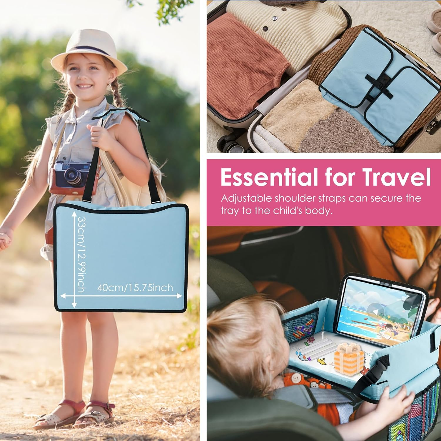 Kid Travel Tray, Portable Toddler Car Seat Tray, Foldable Car Seat Table, Practical Airplane Activity Table for Children Boy Girl (Blove) - Blove image number 4