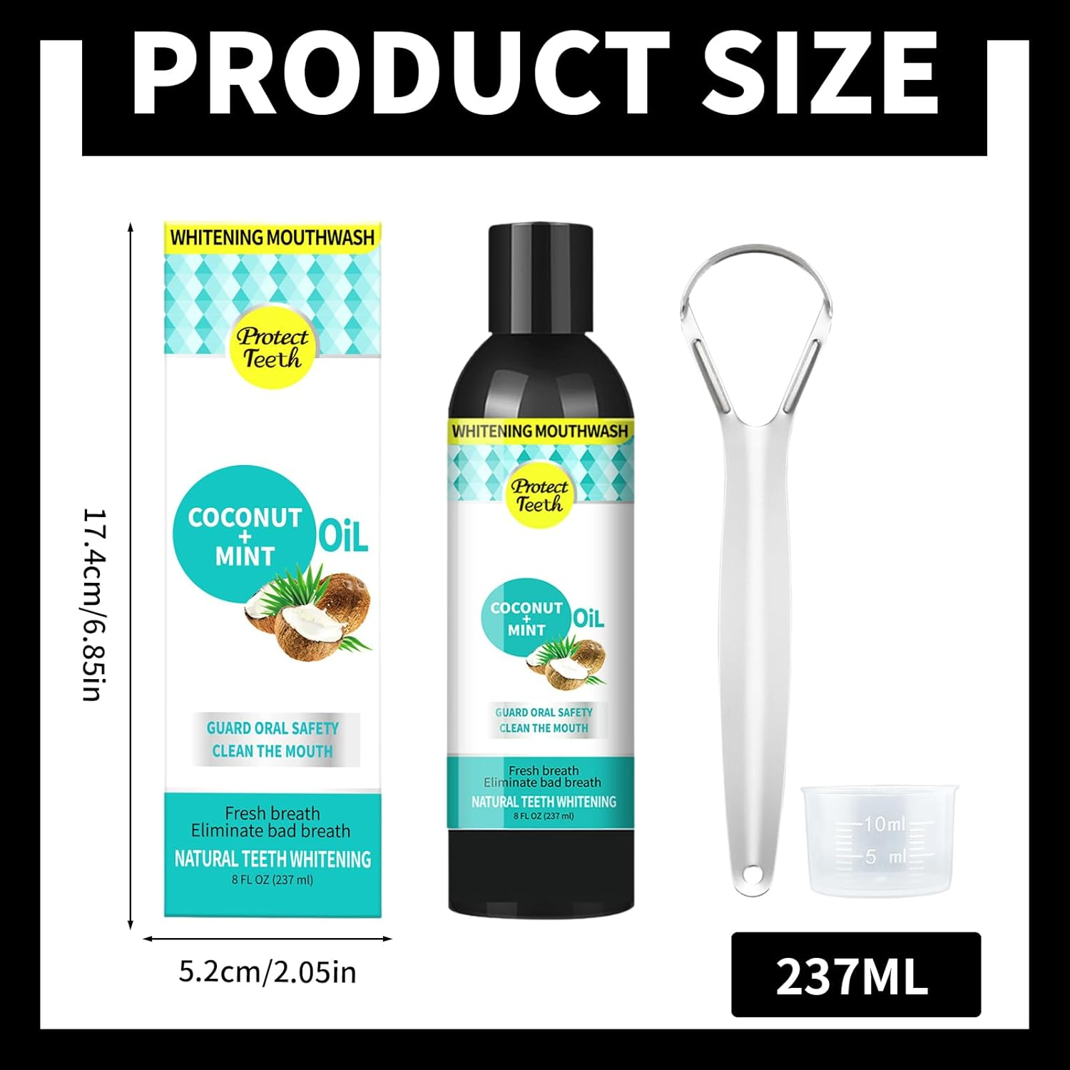YSHIGUING 237Ml Coconut Mint Oil Pulling Mouthwash with Tongue Scraper - Natural Pulling Oil for Oral Care, Healthy Gums,Fresh Breath & Teeth Whitening image number 1