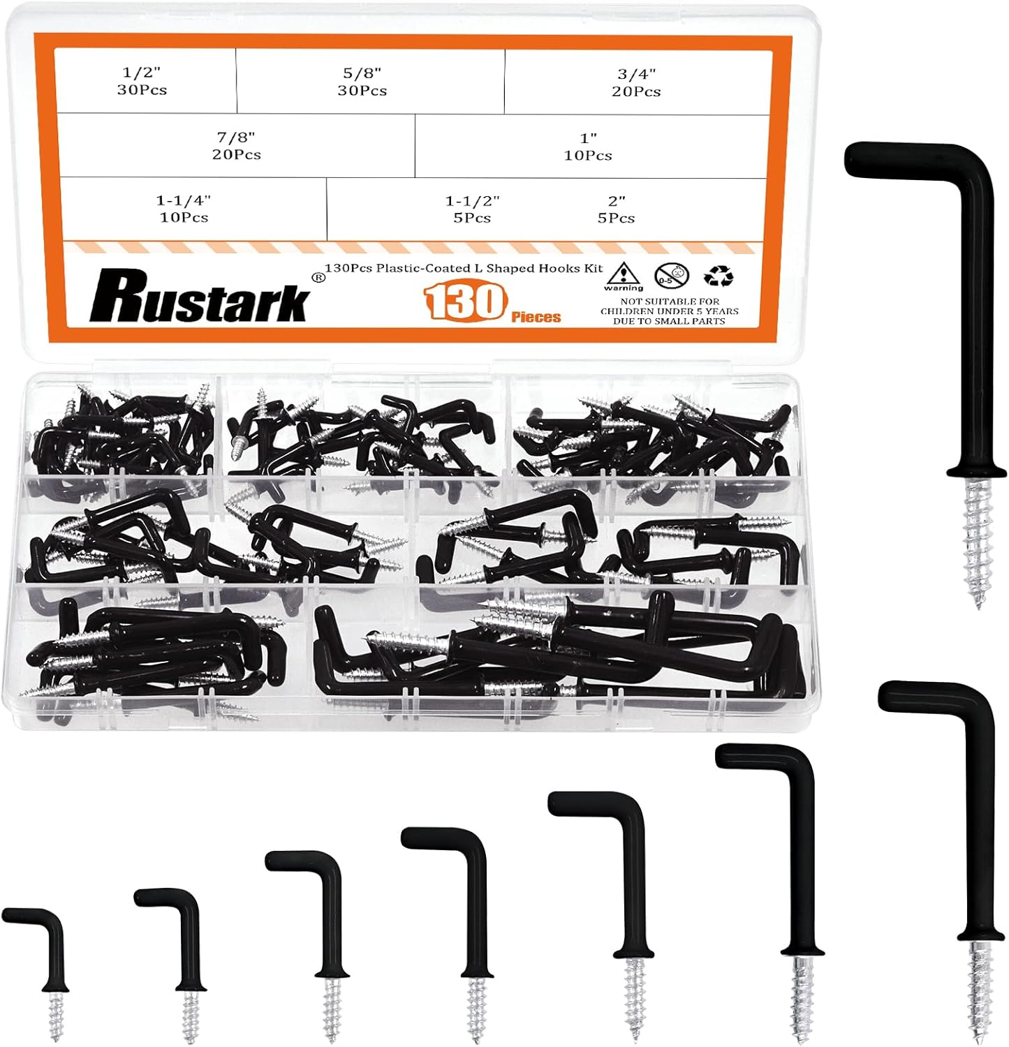 Rustark 130Pcs 8 Sizes Black L Shape Hooks Assortment Kit Vinyl Coated 7 Shape Screw Hooks Cup Right Angle L Type Self Tapping Screw Hooks for Home Office Workplace Hanging