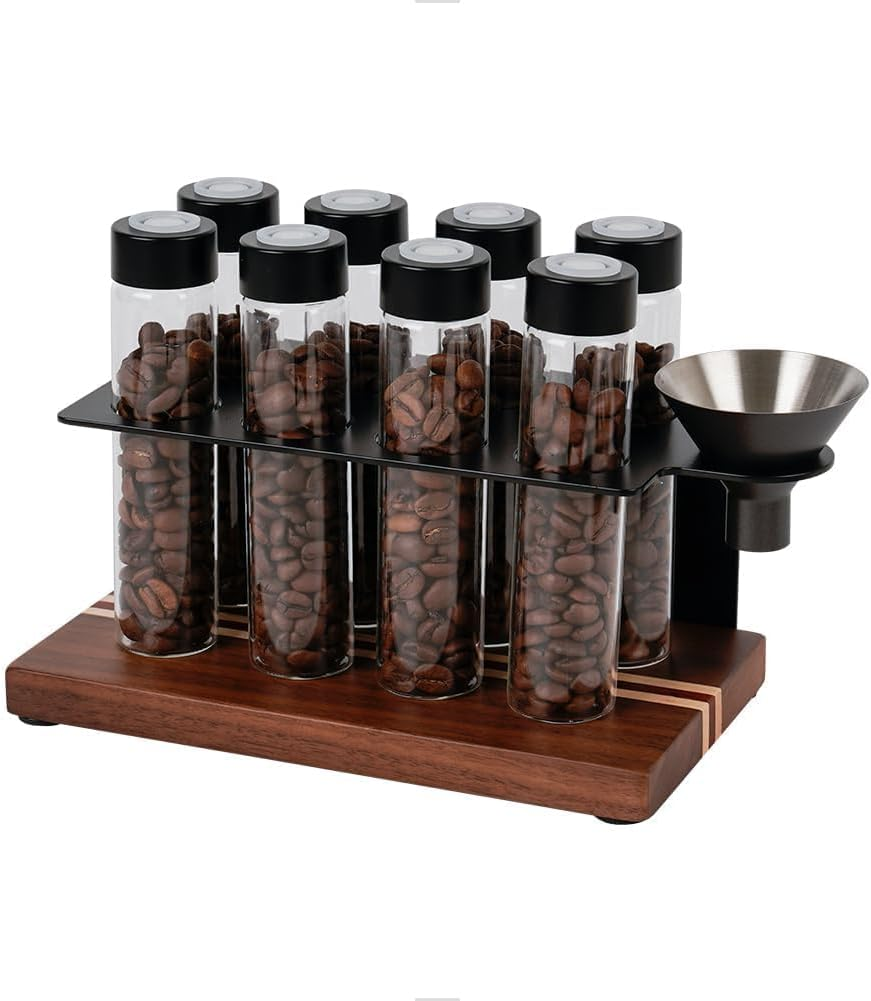 Watchget Coffee Bean Storage with Hopper Woodern Display Rack with 8 Single Dose Coffee Bean Storage Tubes with One-Way Exhaust Valve,B