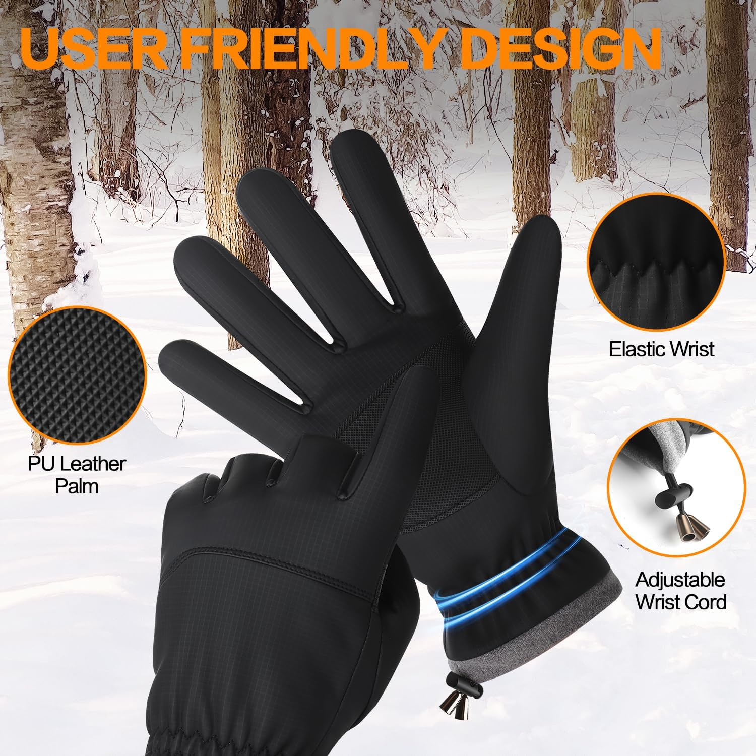 FEWTUR Winter Gloves for Men Women Running - Thermal Gloves Waterproof Touch Screen Fingers for Snow Ski Bike Cycling (Jet Black)