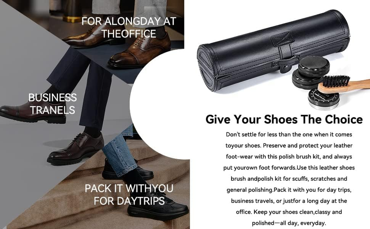 YUET Shoe Polish Kit Cleaning Shine Care Barrel Set for Brown Black Leather with Brush Travel Case Luxury Premium Soft Horsehair Bristle Dauber, Wooden Applicator, Shoehorn, Cloth 9 Piece Black Pouch image number 4