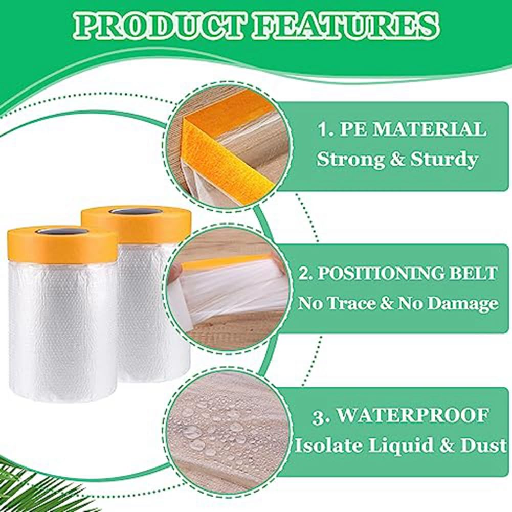 6 Pack Tape and Drape, 1.8X62.3 Ft Pre-Taped Masking Film for Auto Painting Covering, Plastic Pre-Adhesive Film Easy to Use image number 3